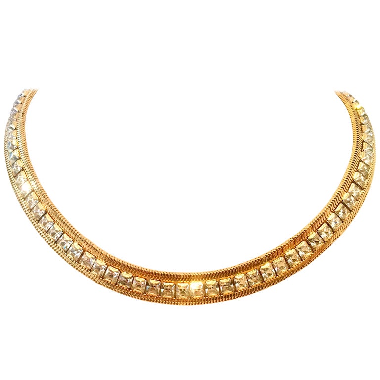 1965 Gold Plate and Swarovski Crystal Rhinestone Choker Necklace By, Hobe at 1stDibs gold