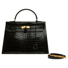 Retro 1965 Hermes Sac Kelly 32 Precious black Leather Hand bag and strap Pristine 