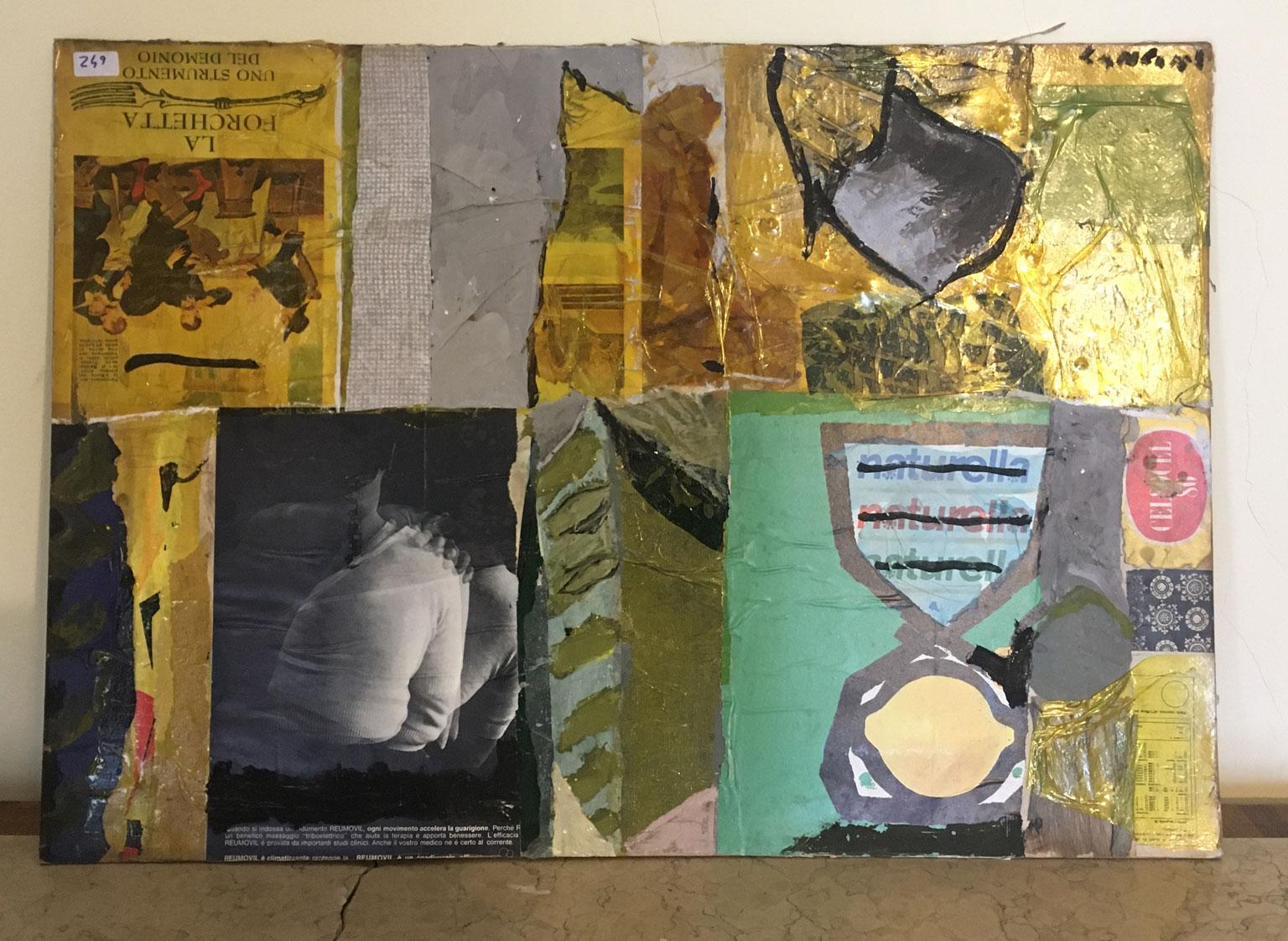 This stunning abstract artwork was made in 1965, by the well known Italian artist Ermete Lancini.
The artwork is a painting and a collage with newspaper sheet and other glued elements on the surface and on the back.
In effect the back also can be