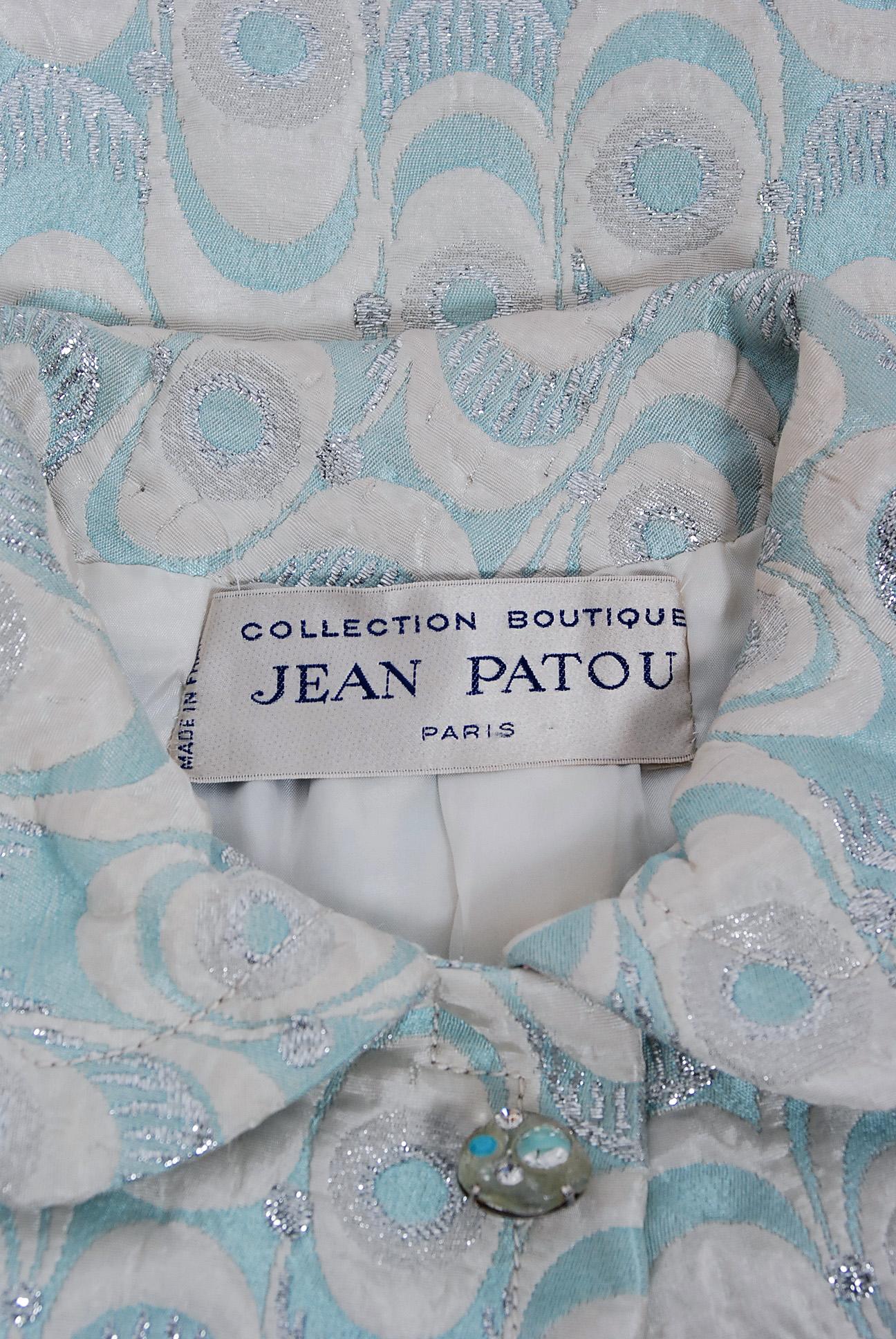Vintage 1960s Jean Patou Couture Light-Blue Metallic Brocade Mini Dress & Jacket 2