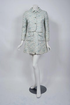 Vintage 1960s Jean Patou Couture Light-Blue Metallic Brocade Mini Dress & Jacket
