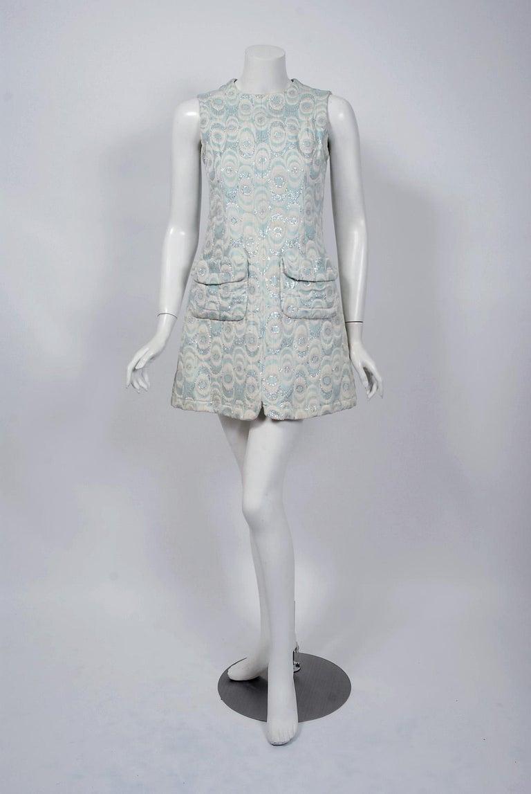 1965 Jean Patou Paris Light-Blue Metallic Brocade Mod Mini Dress and ...