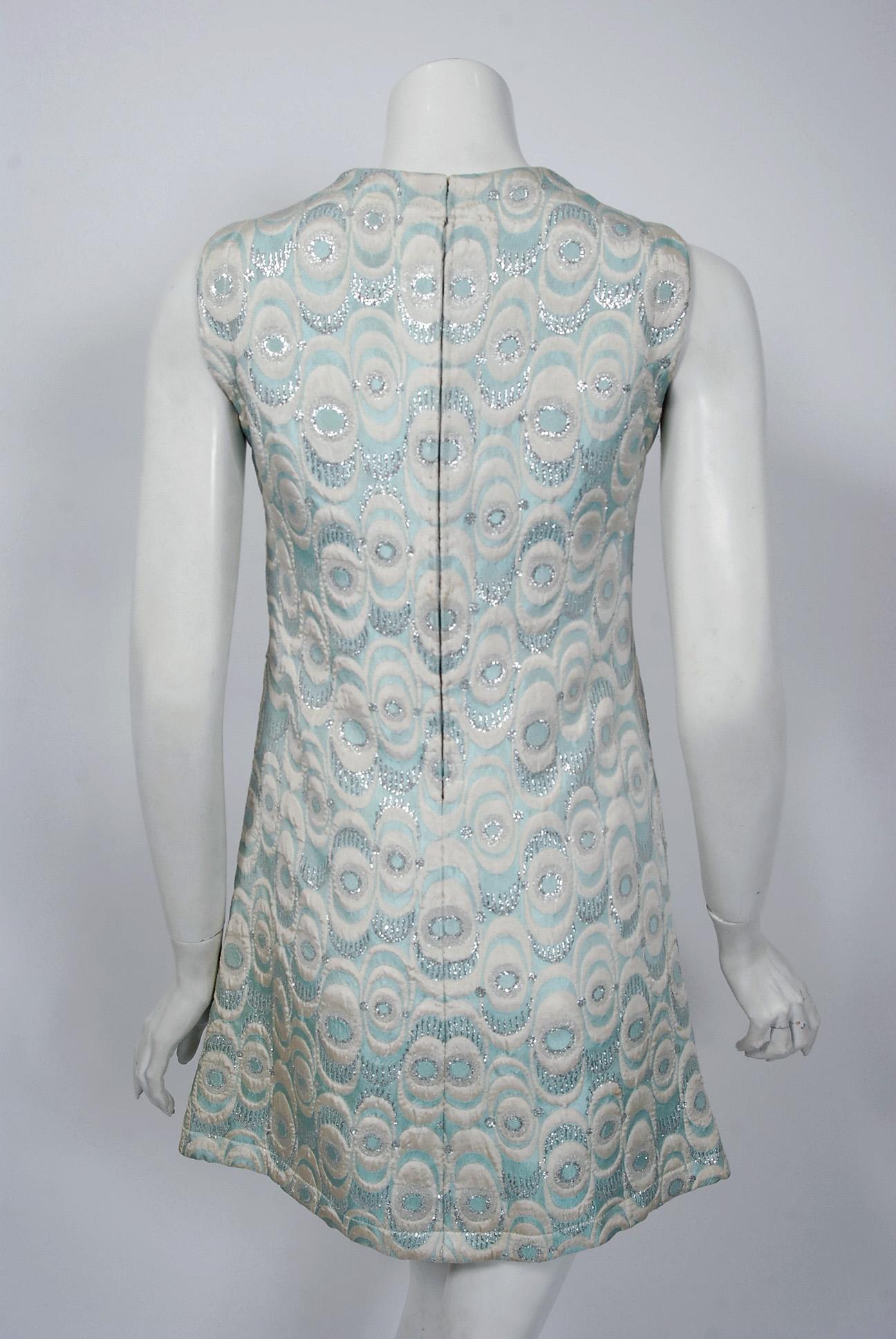 Women's Vintage 1960s Jean Patou Couture Light-Blue Metallic Brocade Mini Dress & Jacket