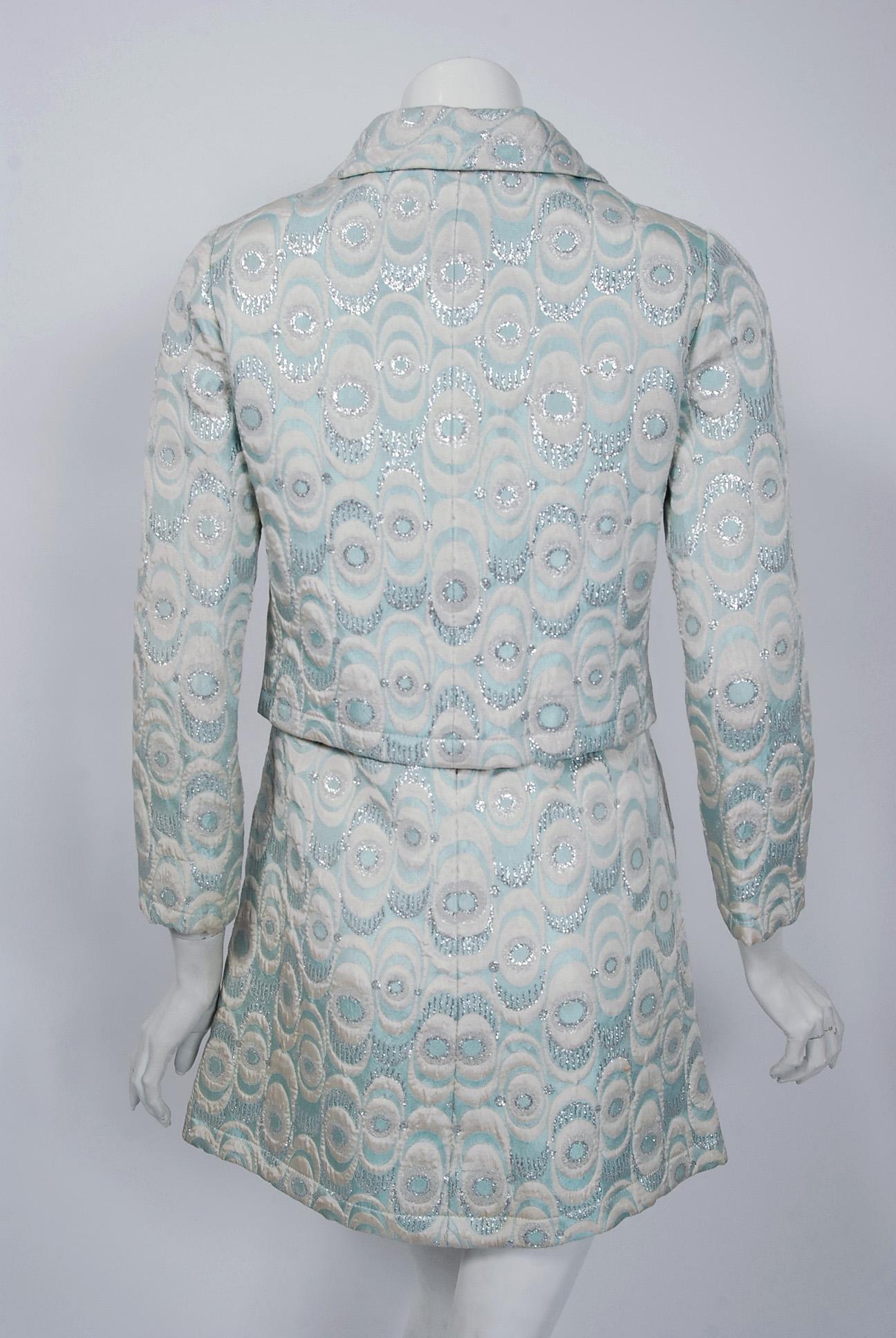 Vintage 1960s Jean Patou Couture Light-Blue Metallic Brocade Mini Dress & Jacket 1