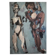 1965 Large Oil on Canvas Abstract Painting of Two People by Lillian Marzel