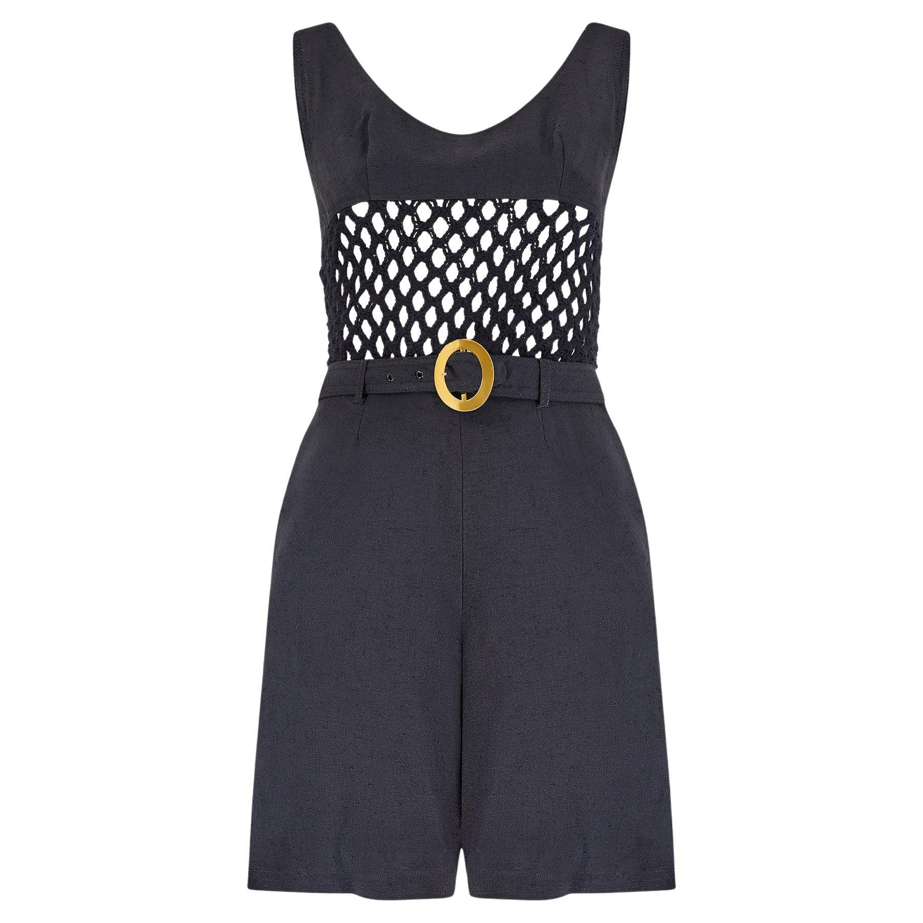 1965 Mary Quant Documented Black Playsuit with Crochet Bodice For Sale