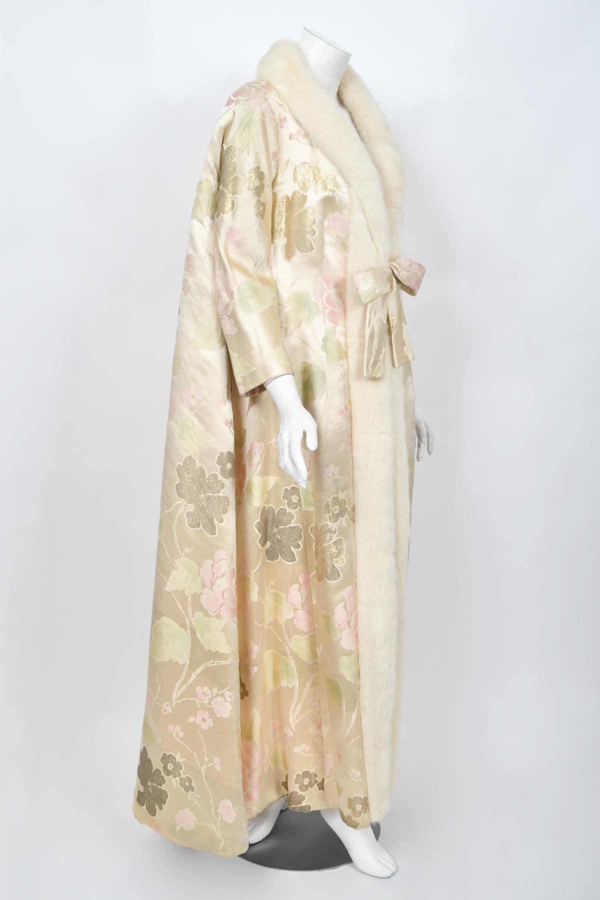 1965 Nina Ricci Haute Couture Documented Pink Silk-Brocade & Mink Fur Maxi Coat In Good Condition In Beverly Hills, CA