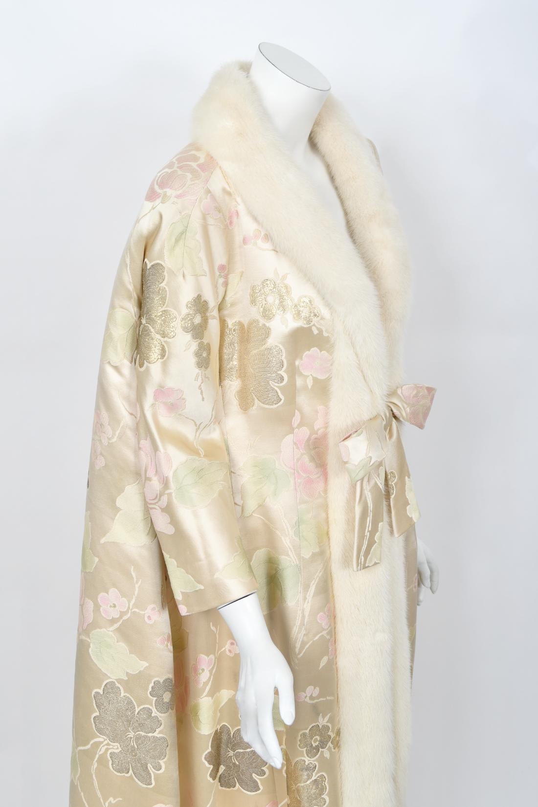 Women's 1965 Nina Ricci Haute Couture Documented Pink Silk-Brocade & Mink Fur Maxi Coat
