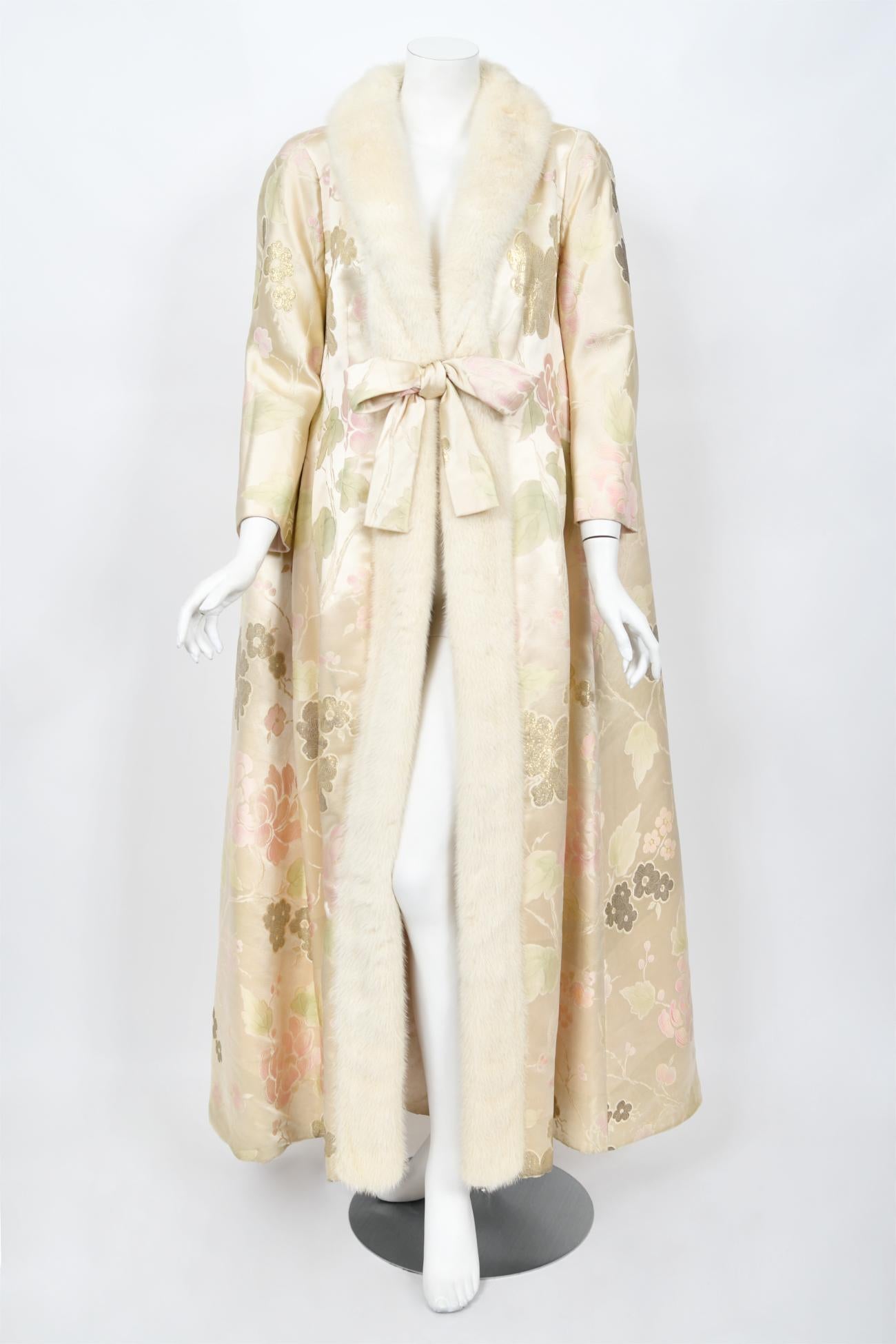 1965 Nina Ricci Haute Couture Documented Pink Silk-Brocade & Mink Fur Maxi Coat 1