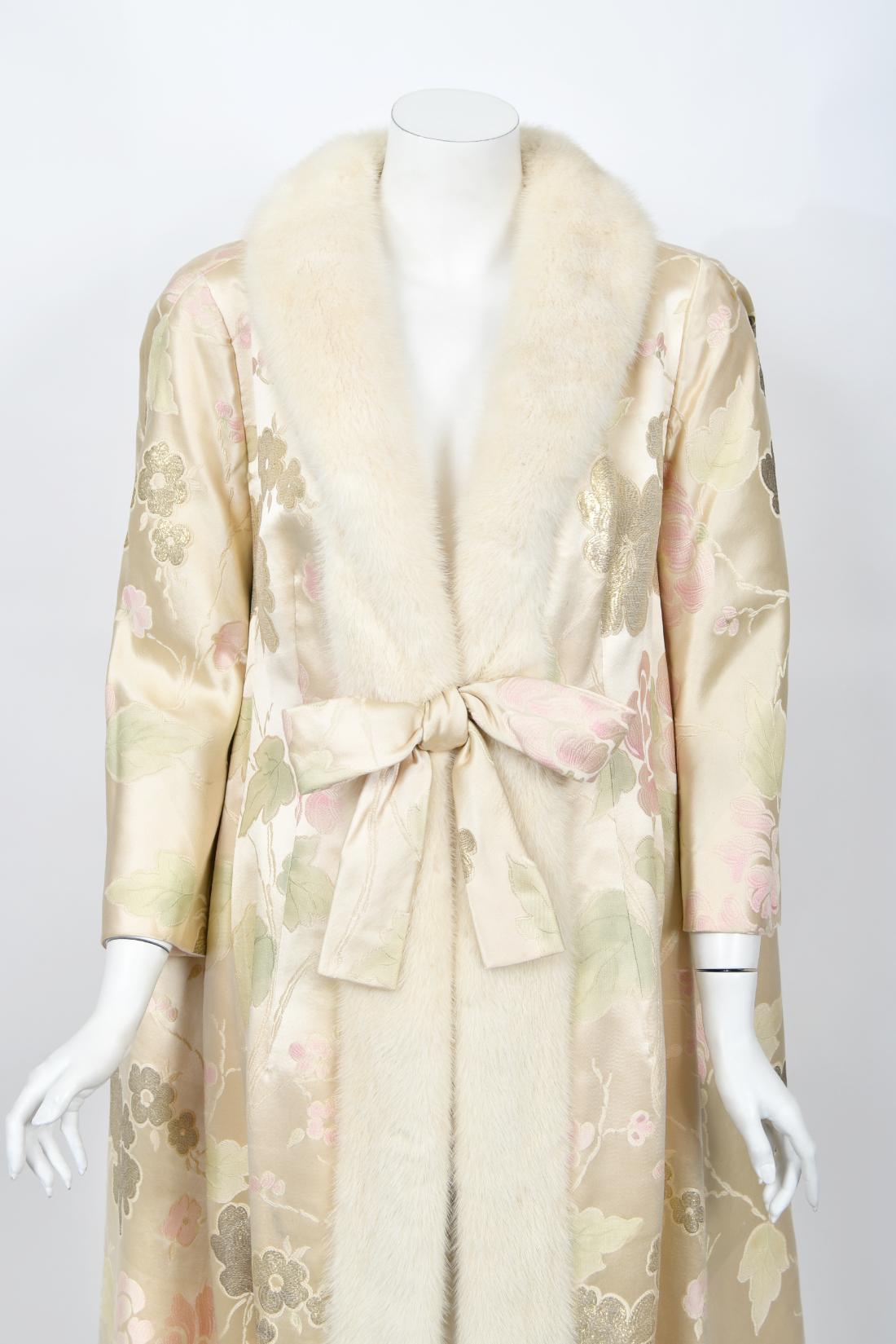 1965 Nina Ricci Haute Couture Documented Pink Silk-Brocade & Mink Fur Maxi Coat 3