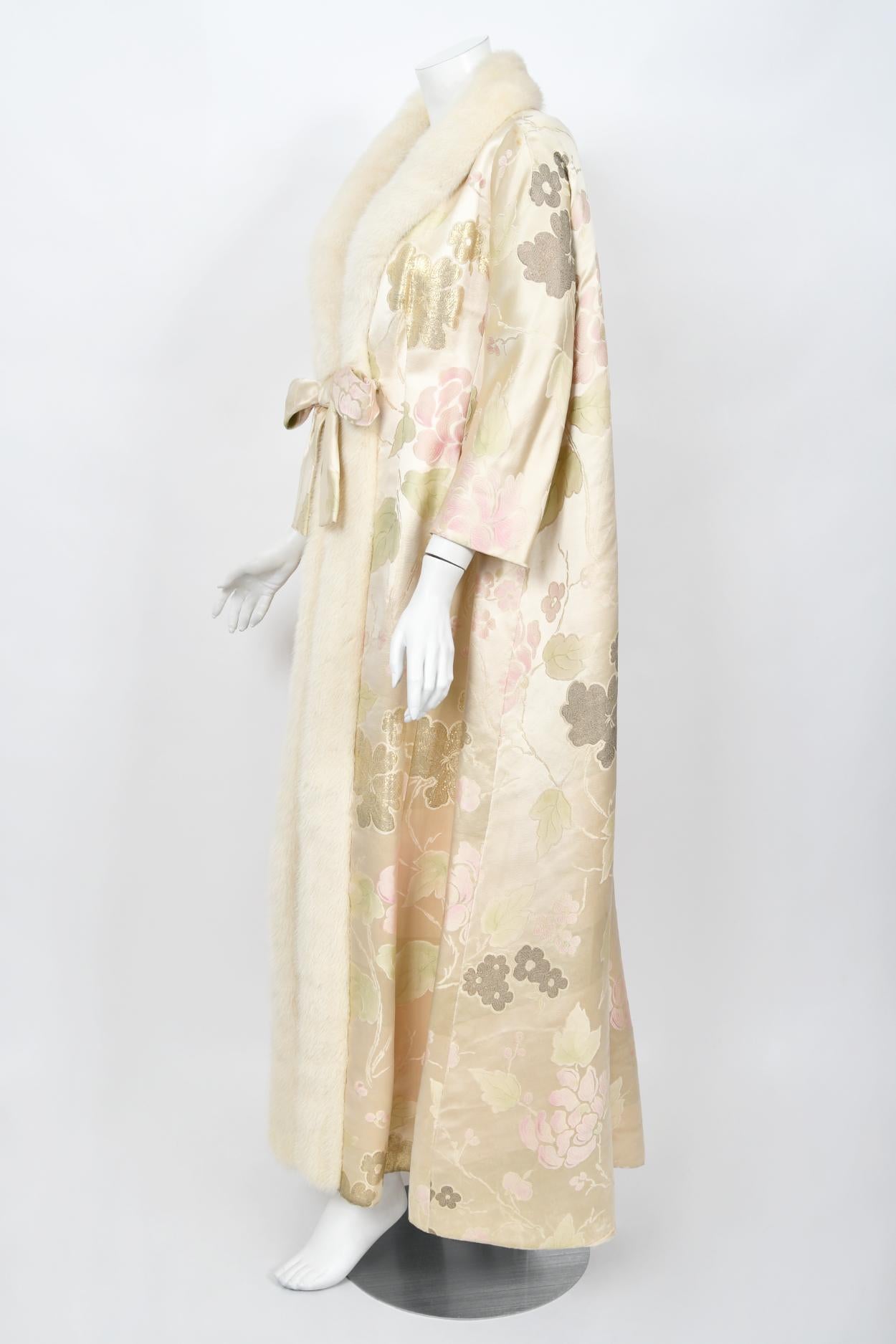 1965 Nina Ricci Haute Couture Documented Pink Silk-Brocade & Mink Fur Maxi Coat 5