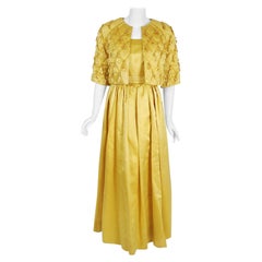 1965 Oscar de la Renta for Jane Derby Yellow Silk Gown & Quilted Tassel Jacket 