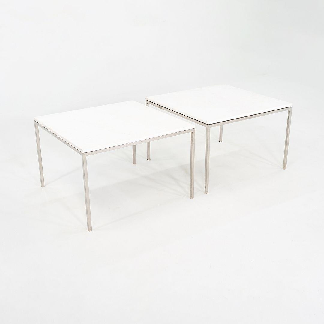This is a pair of Square Side Tables in Marble and Steel, sourced from the Northwestern National Life Building in Minneapolis, designed by Minoru Yamasaki in 1965. The tables are presumably custom made for the project, designed by either Yamasaki