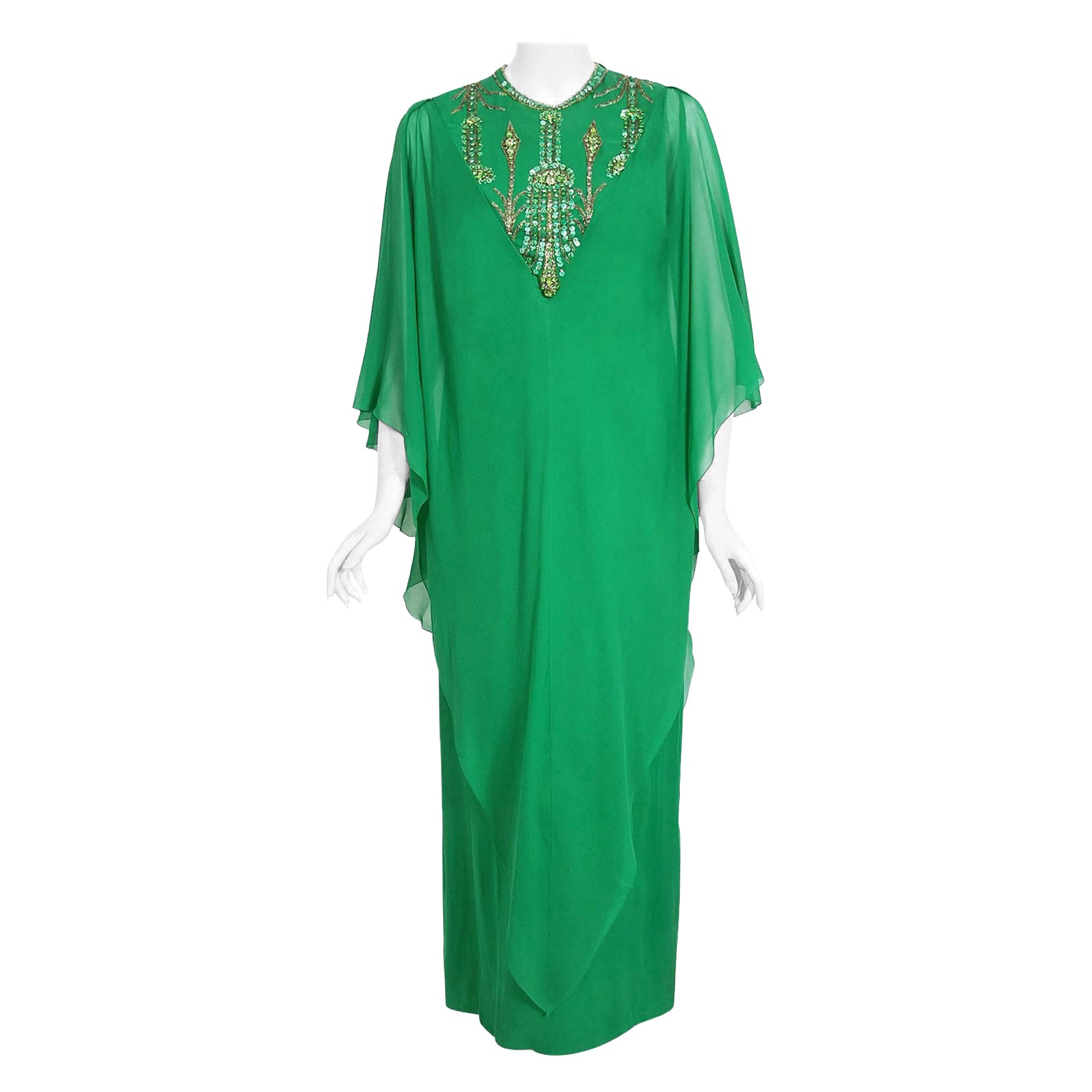 1965 Pierre Cardin Haute Couture Beaded Green Silk Chiffon Draped Caftan Gown For Sale