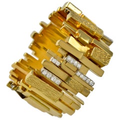 1965 Rare Brutalist David Morris Diamond, Yellow Gold and Platinum Wide Bracelet