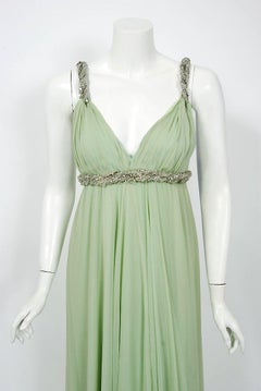 1960's Sarmi Couture Seafoam-Green Jeweled Low Plunge Silk Chiffon Goddess Gown