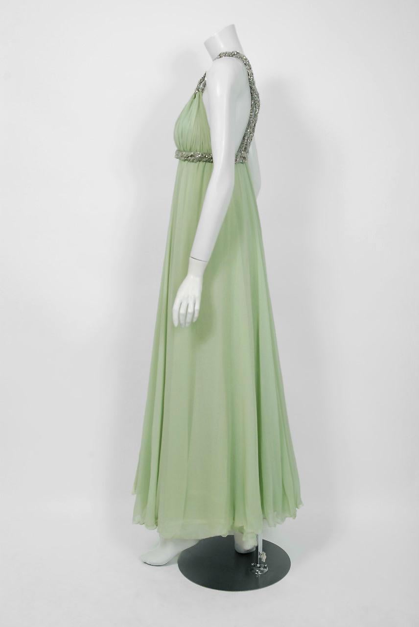 Beige Vintage 1960s Sarmi Couture Seafoam-Green Jeweled Low-Plunge Silk Chiffon Gown For Sale