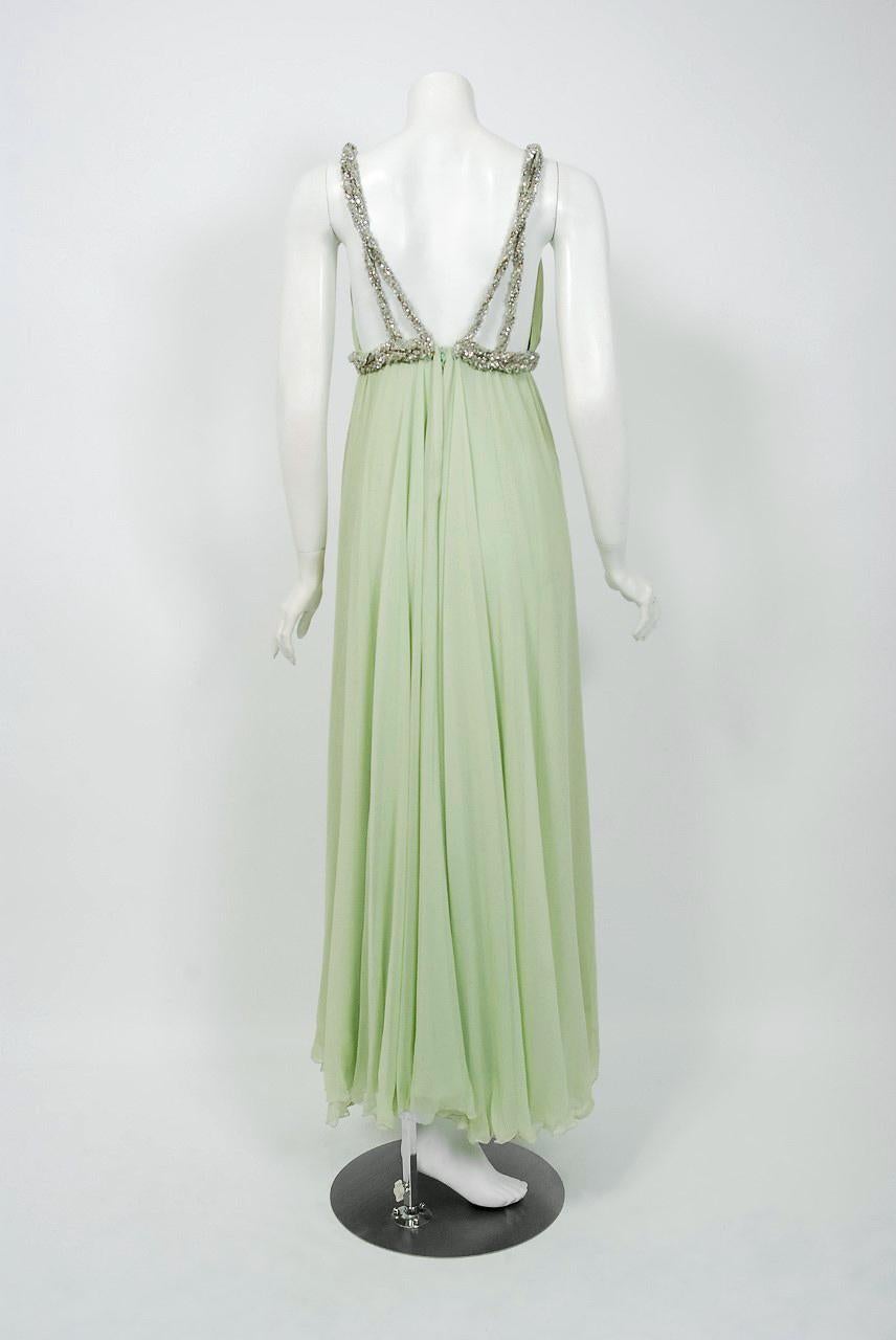 Vintage 1960s Sarmi Couture Seafoam-Green Jeweled Low-Plunge Silk Chiffon Gown In Good Condition For Sale In Beverly Hills, CA