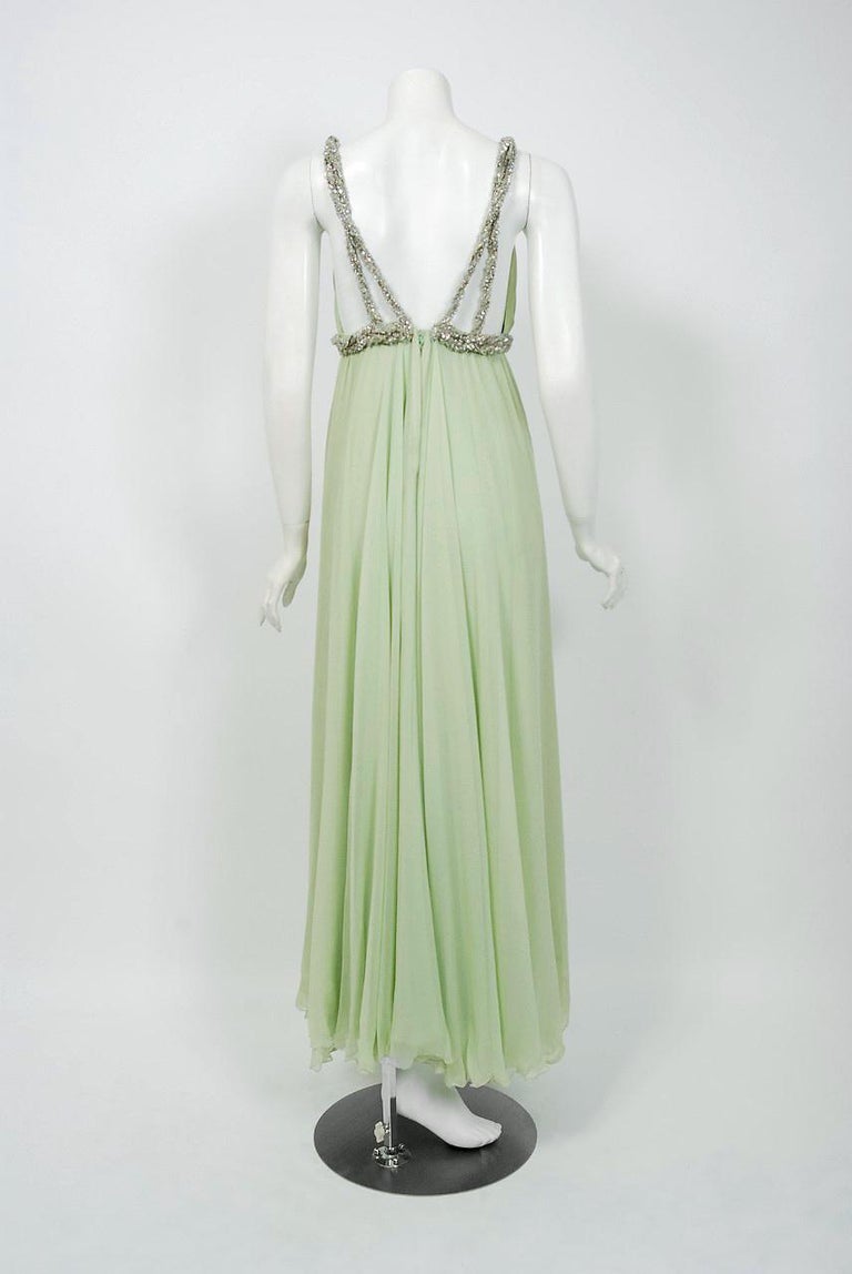 1965 Sarmi Couture Seafoam-Green Jeweled Silk Chiffon Empire Plunge ...
