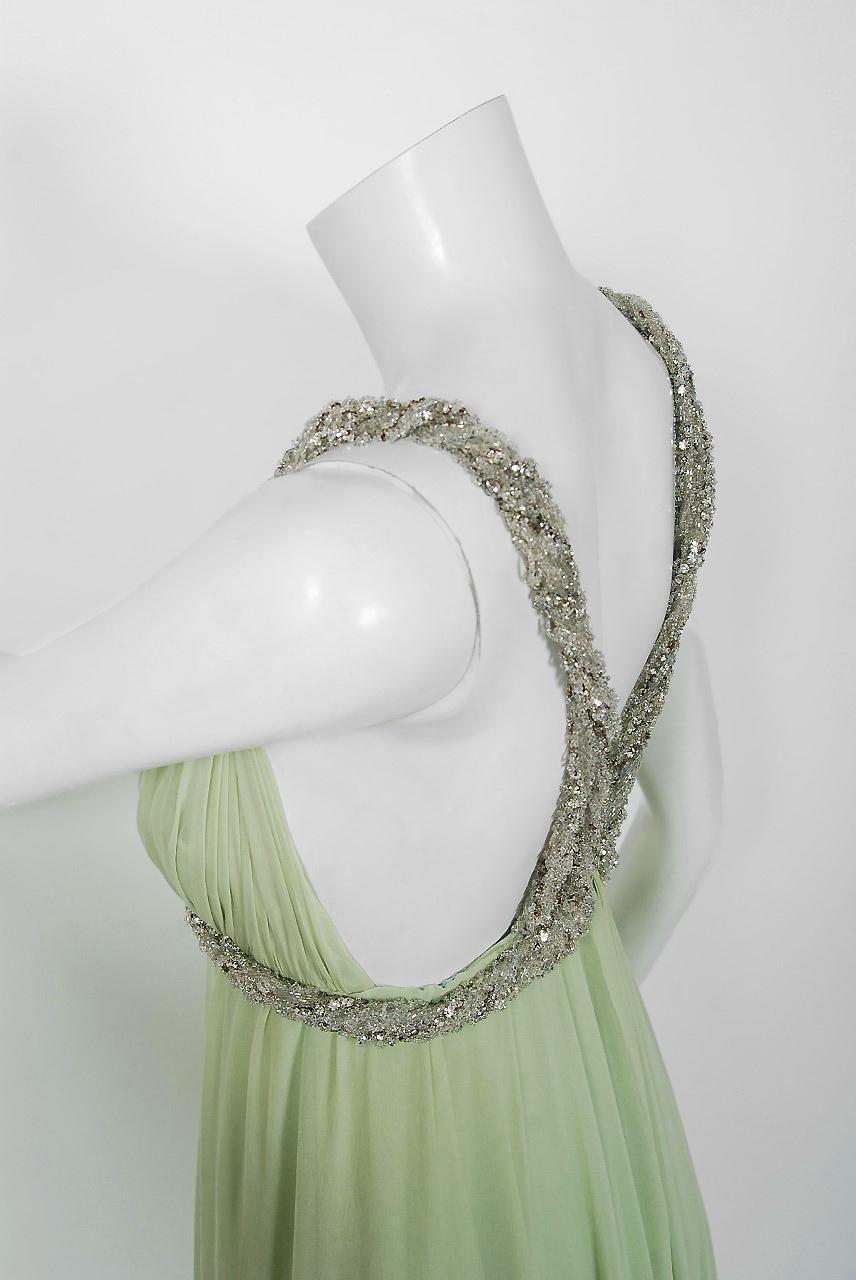 Women's 1960's Sarmi Couture Seafoam-Green Jeweled Low Plunge Silk Chiffon Goddess Gown For Sale