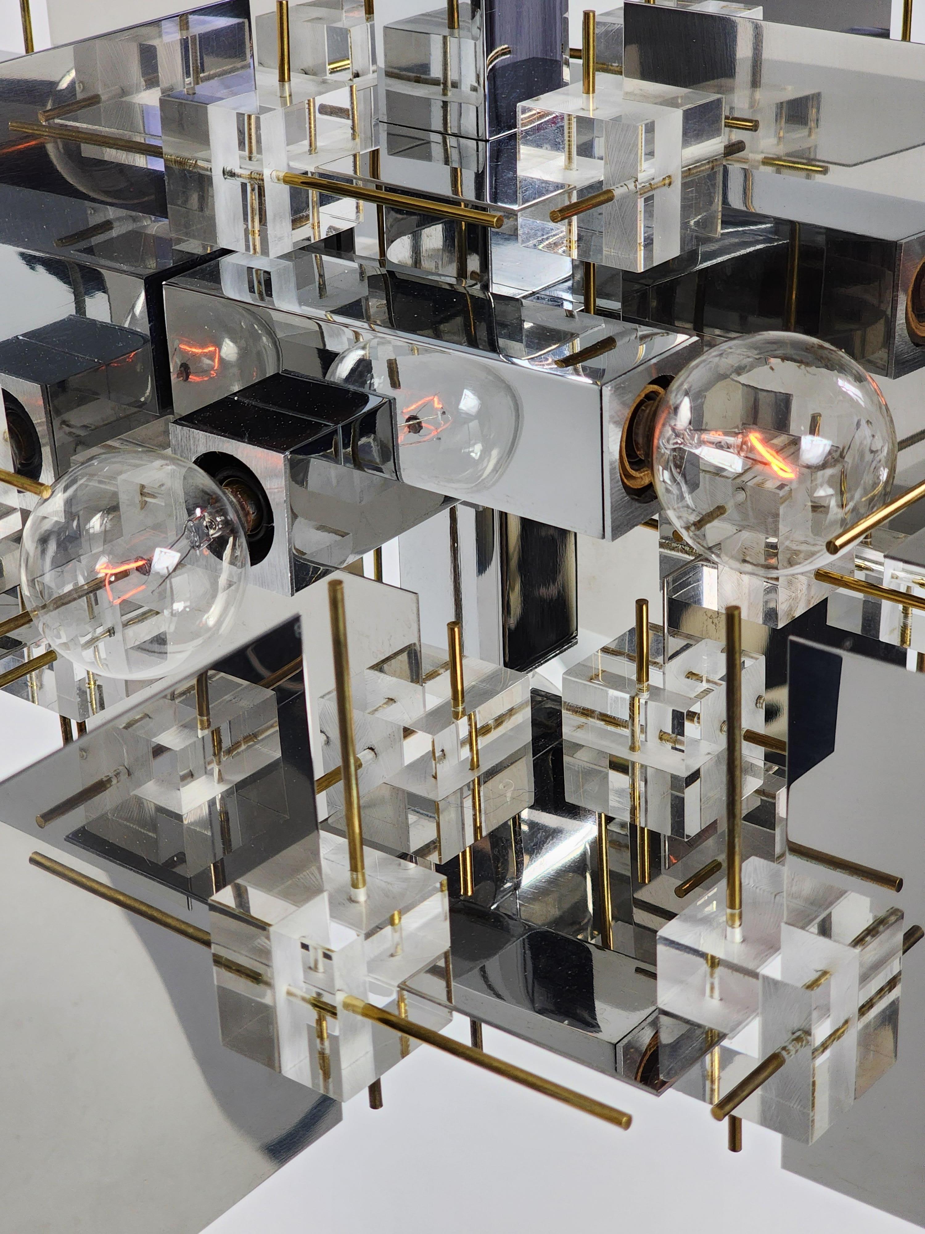 1965 Sciolari Chrome Chandelier with Lucite Cubes and Brass Rods, Italy For Sale 8