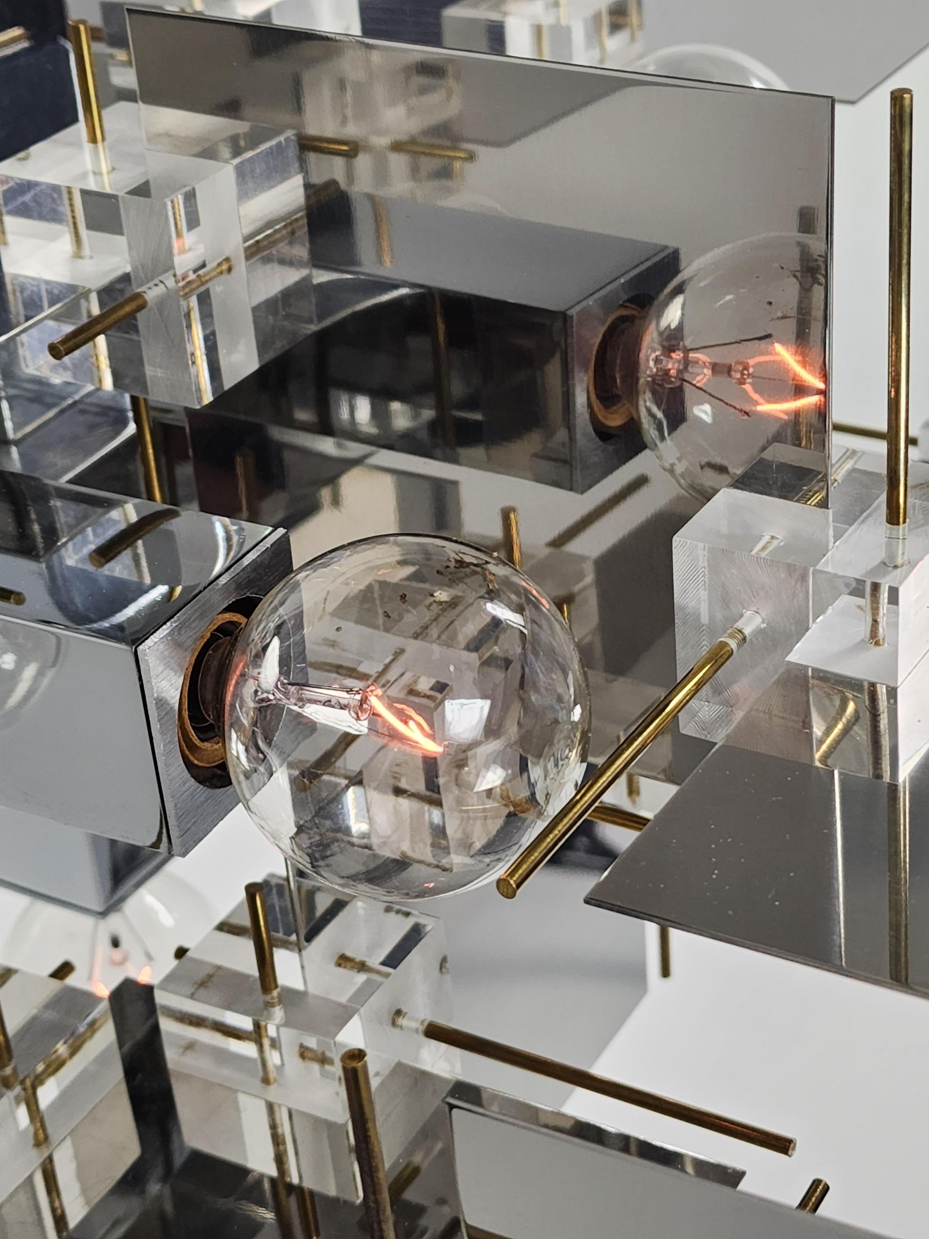 1965 Sciolari Chrome Chandelier with Lucite Cubes and Brass Rods, Italy For Sale 9