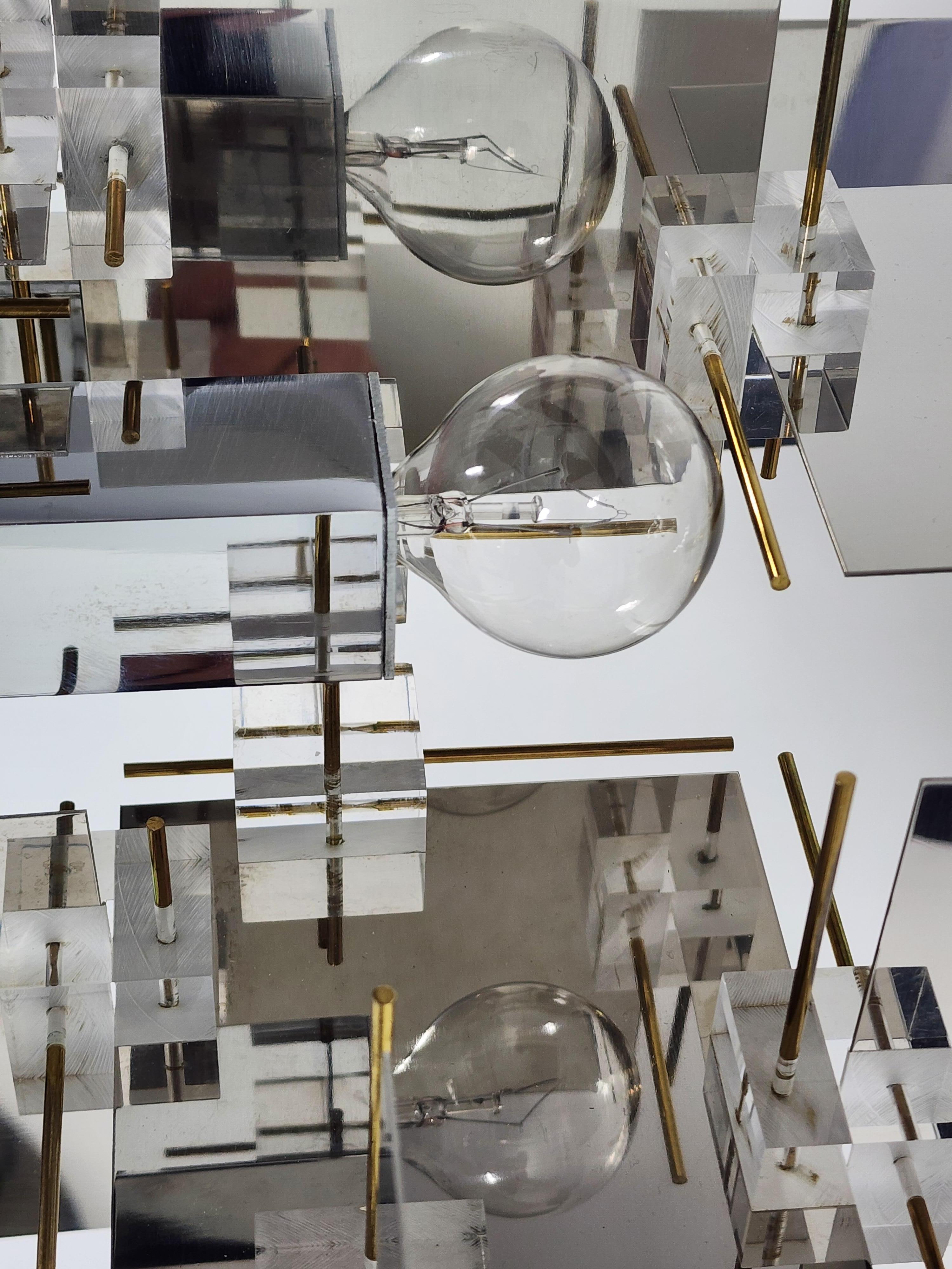 1965 Sciolari Chrome Chandelier with Lucite Cubes and Brass Rods, Italy For Sale 10