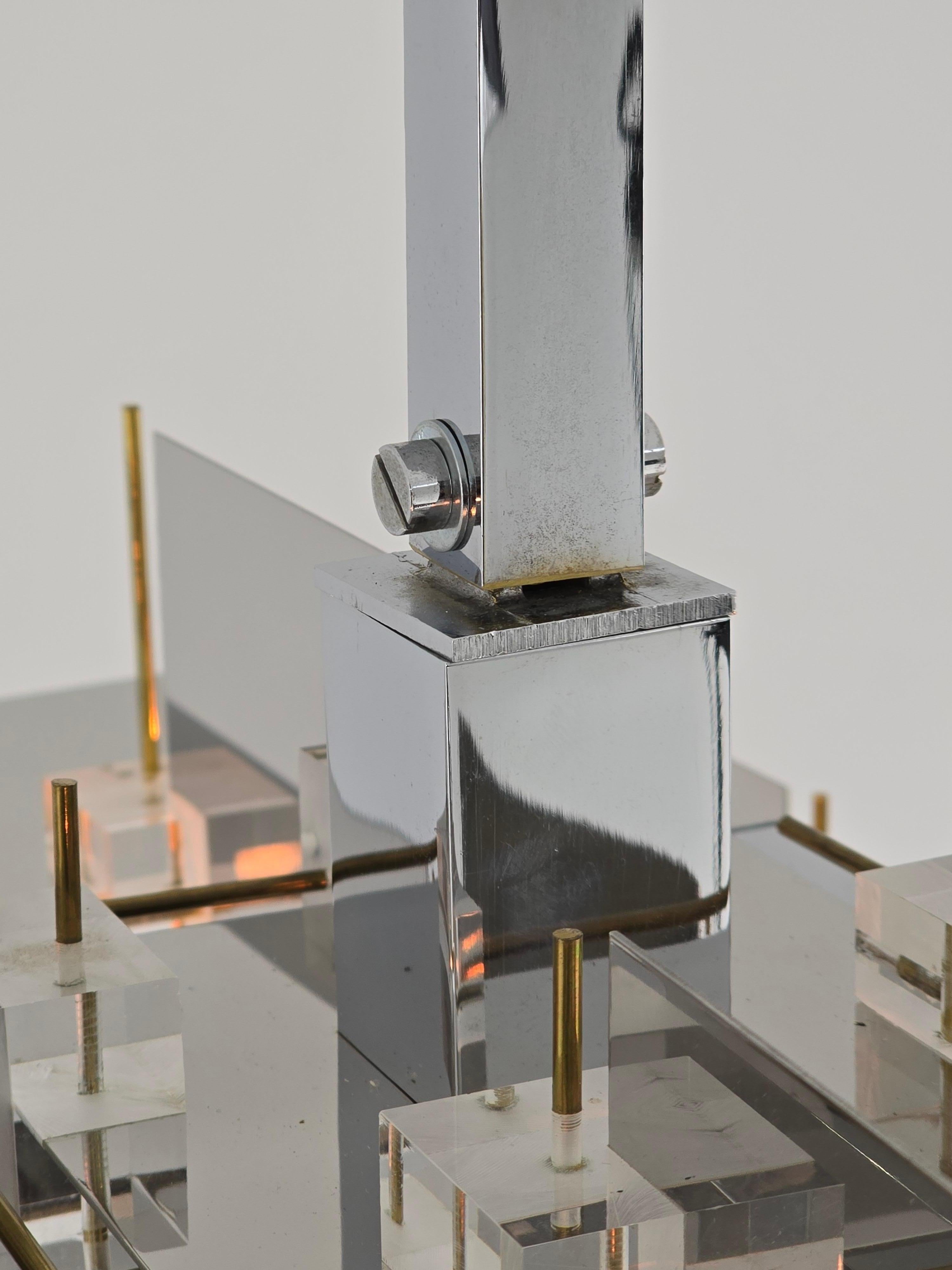 1965 Sciolari Chrome Chandelier with Lucite Cubes and Brass Rods, Italy For Sale 12