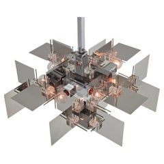 1965 Sciolari Chrome Chandelier with Lucite Cubes and Brass Rods, Italy