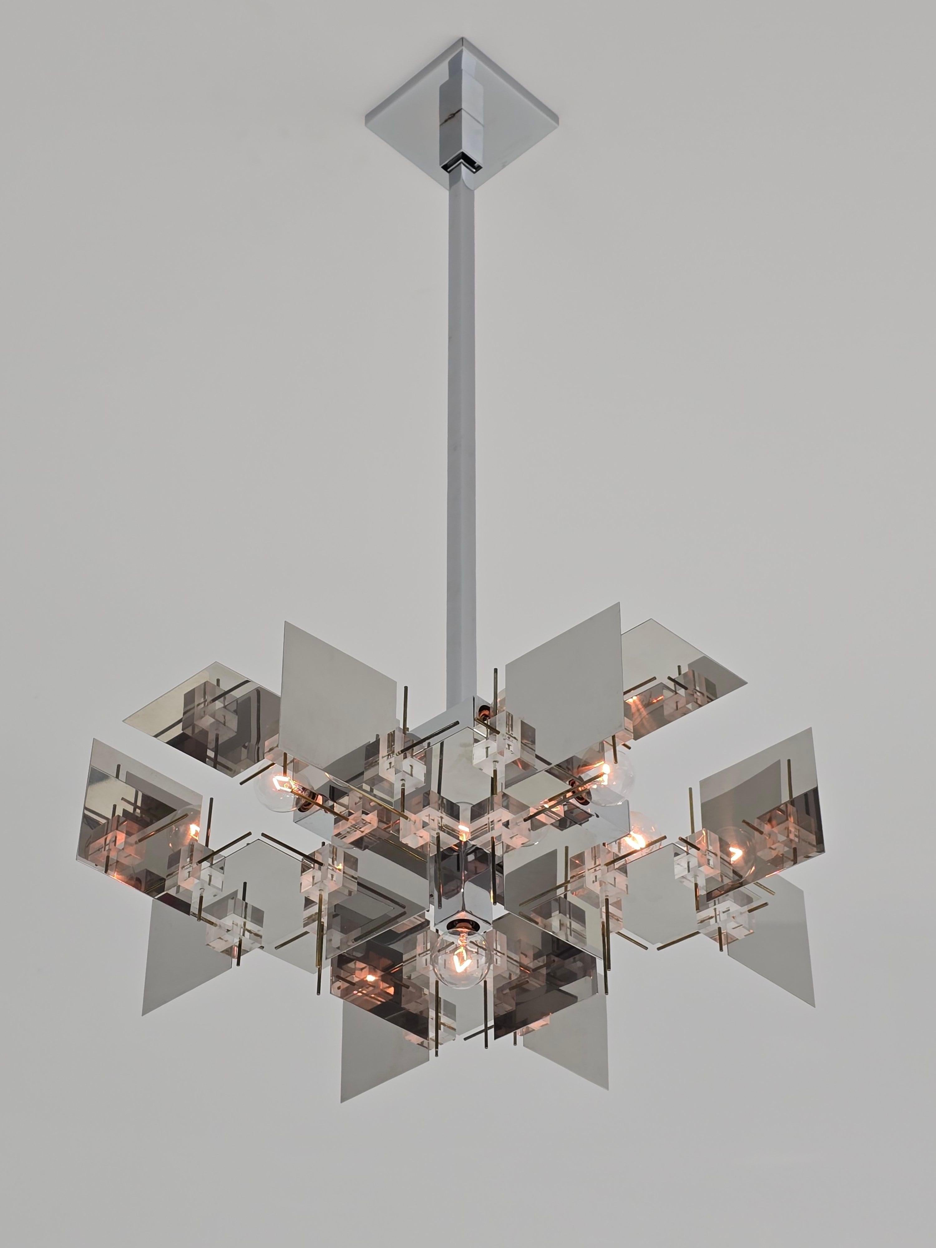 Mid-Century Modern 1965 Sciolari Inox Chandelier with Lucite Cubes and Brass Rods, Italy For Sale