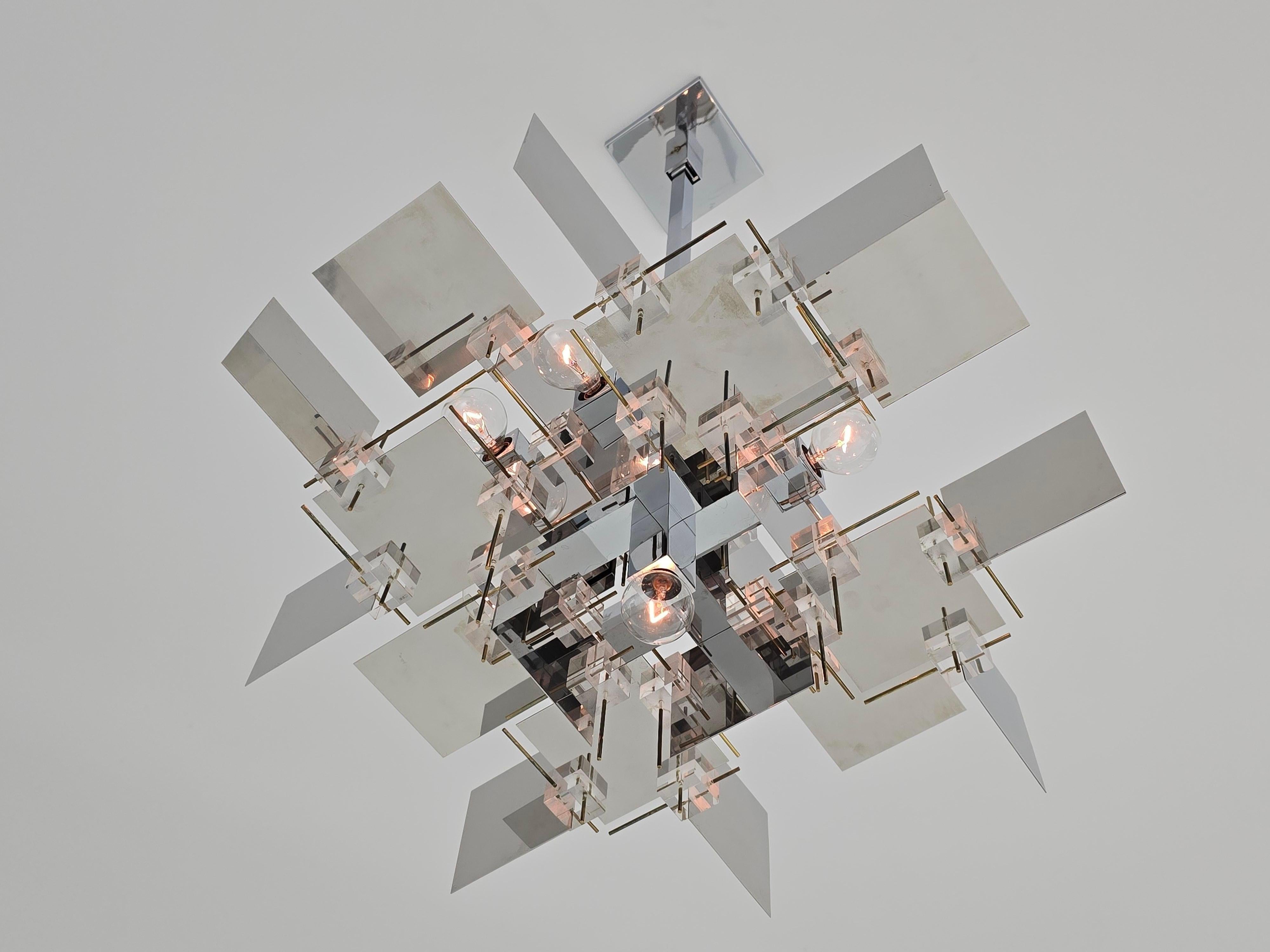 Italian 1965 Sciolari Inox Chandelier with Lucite Cubes and Brass Rods, Italy For Sale