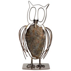 Retro 1965 Sculpture "Le Hibou" in Stone and Metal Signed J.Maugeais and Dated 1965