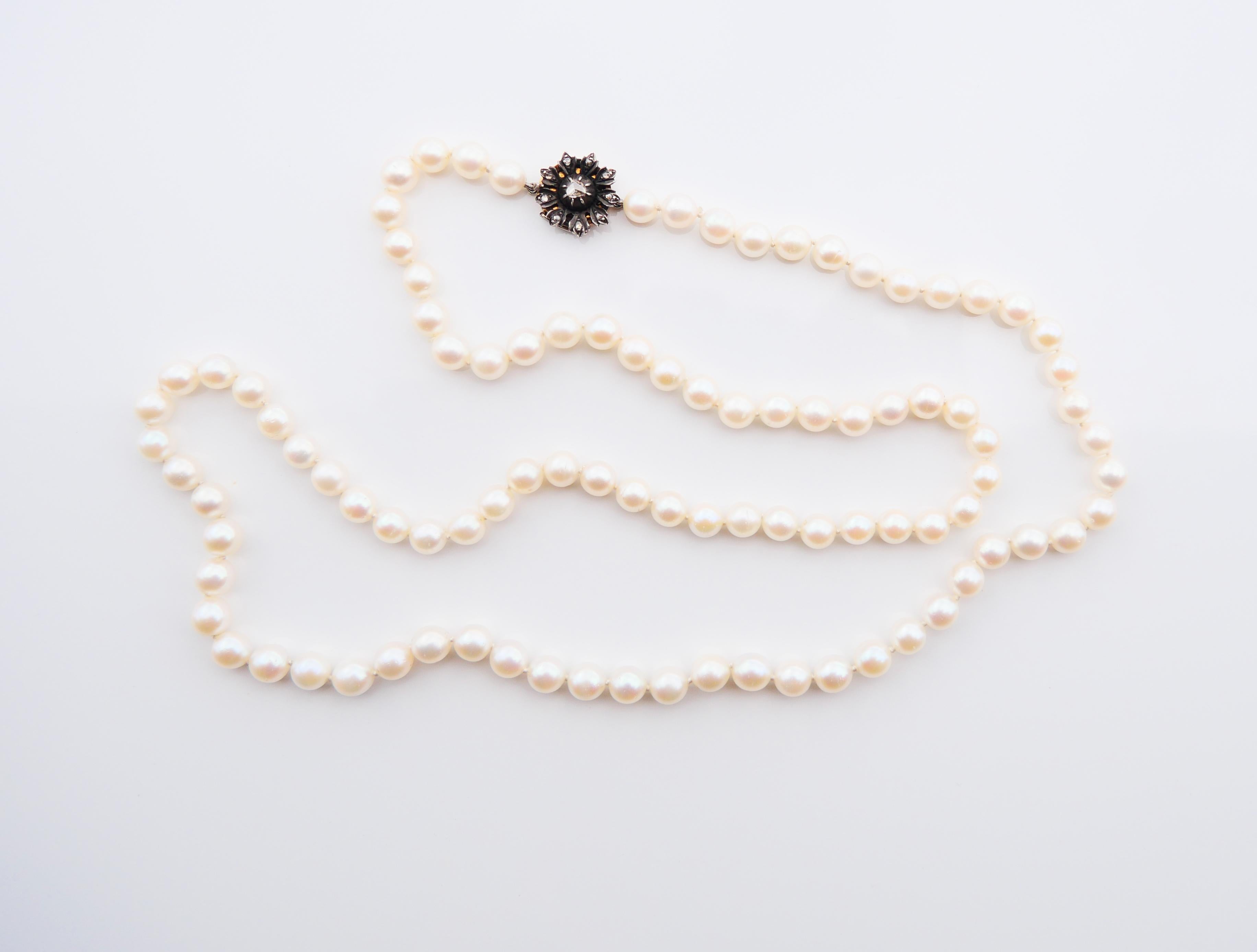 Retro 1965 Set Necklace Bracelet Pearl Diamonds solid 18K Gold Silver / 62 gr For Sale