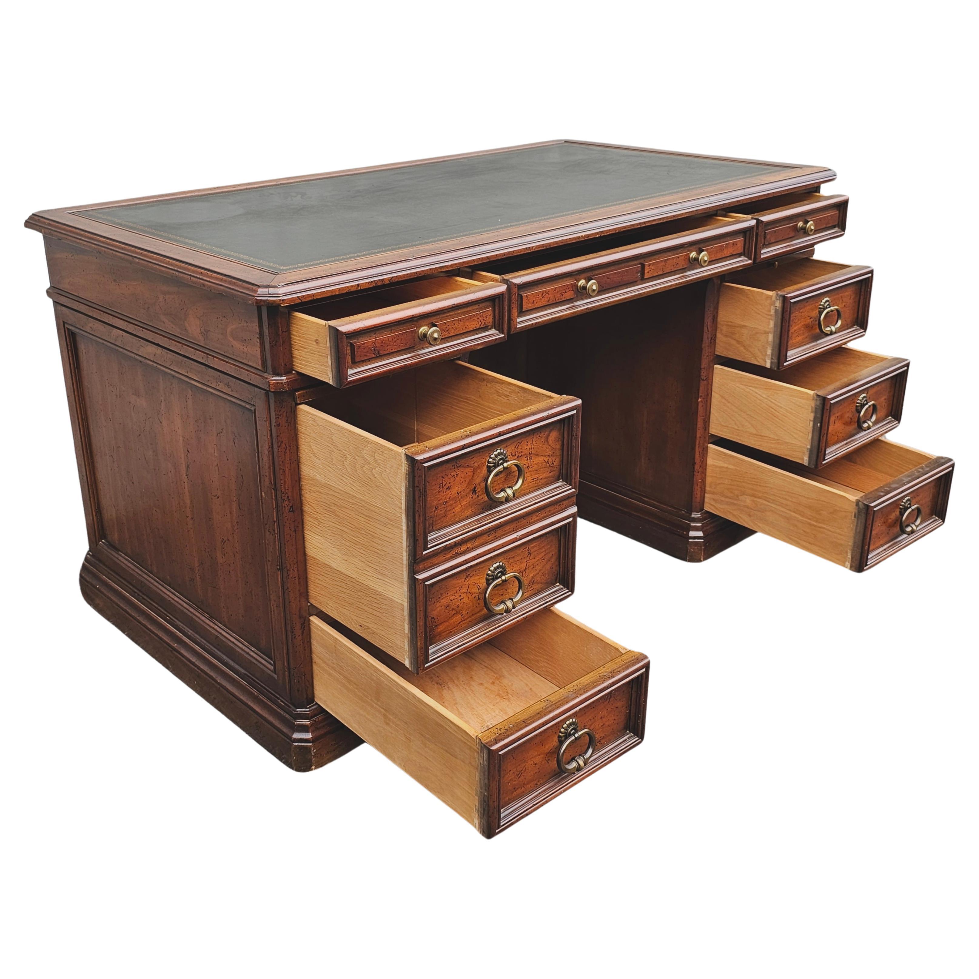20th Century 1965 Sligh Lowry Distressed Walnut and Tooled Leather Executive Desk Bookcase For Sale