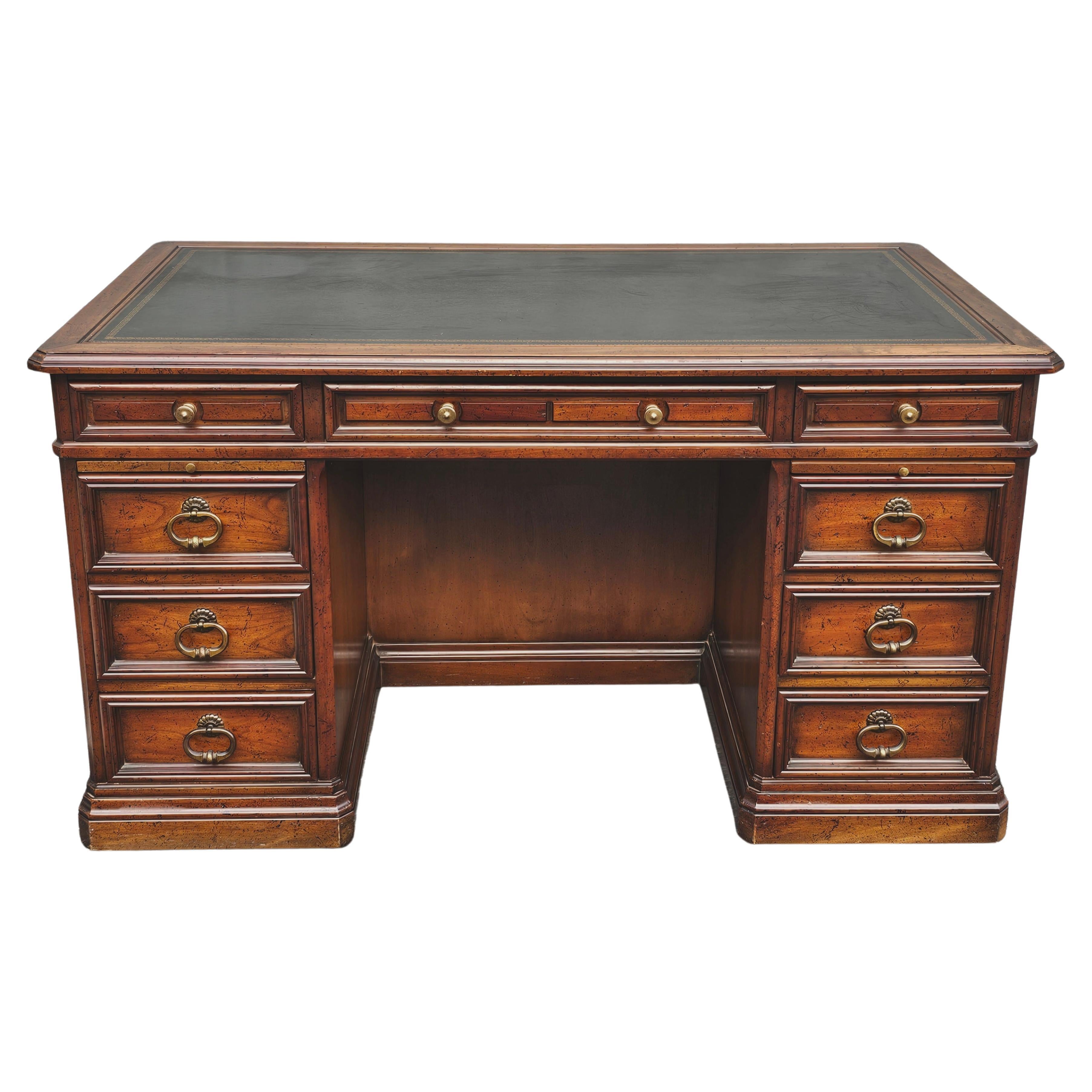 1965 Sligh Lowry Distressed Walnut and Tooled Leather Executive Desk Bookcase For Sale 1