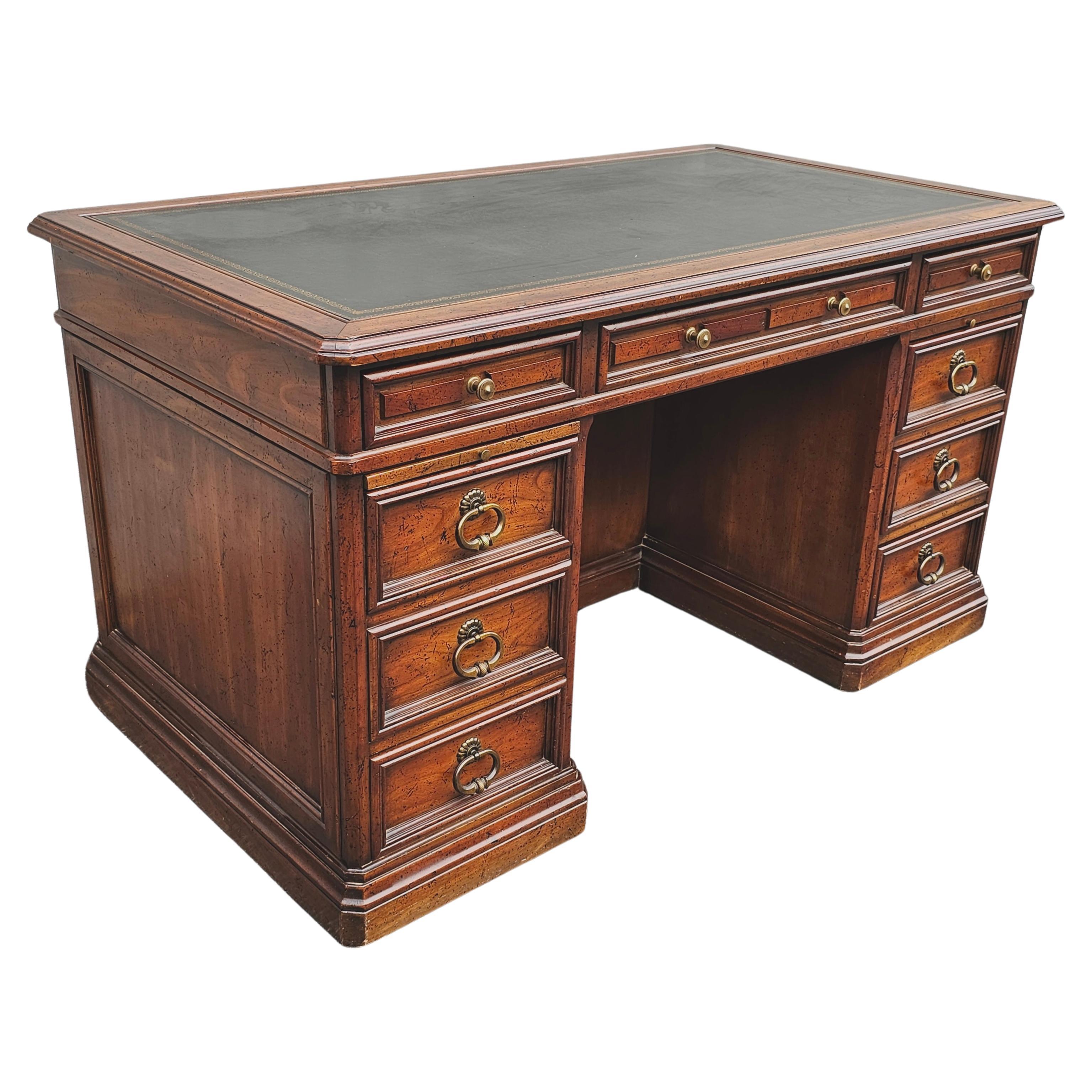 Mid-Century Modern 1965 Sligh Lowry Distressed Walnut and Tooled Leather Executive Desk Bookcase For Sale