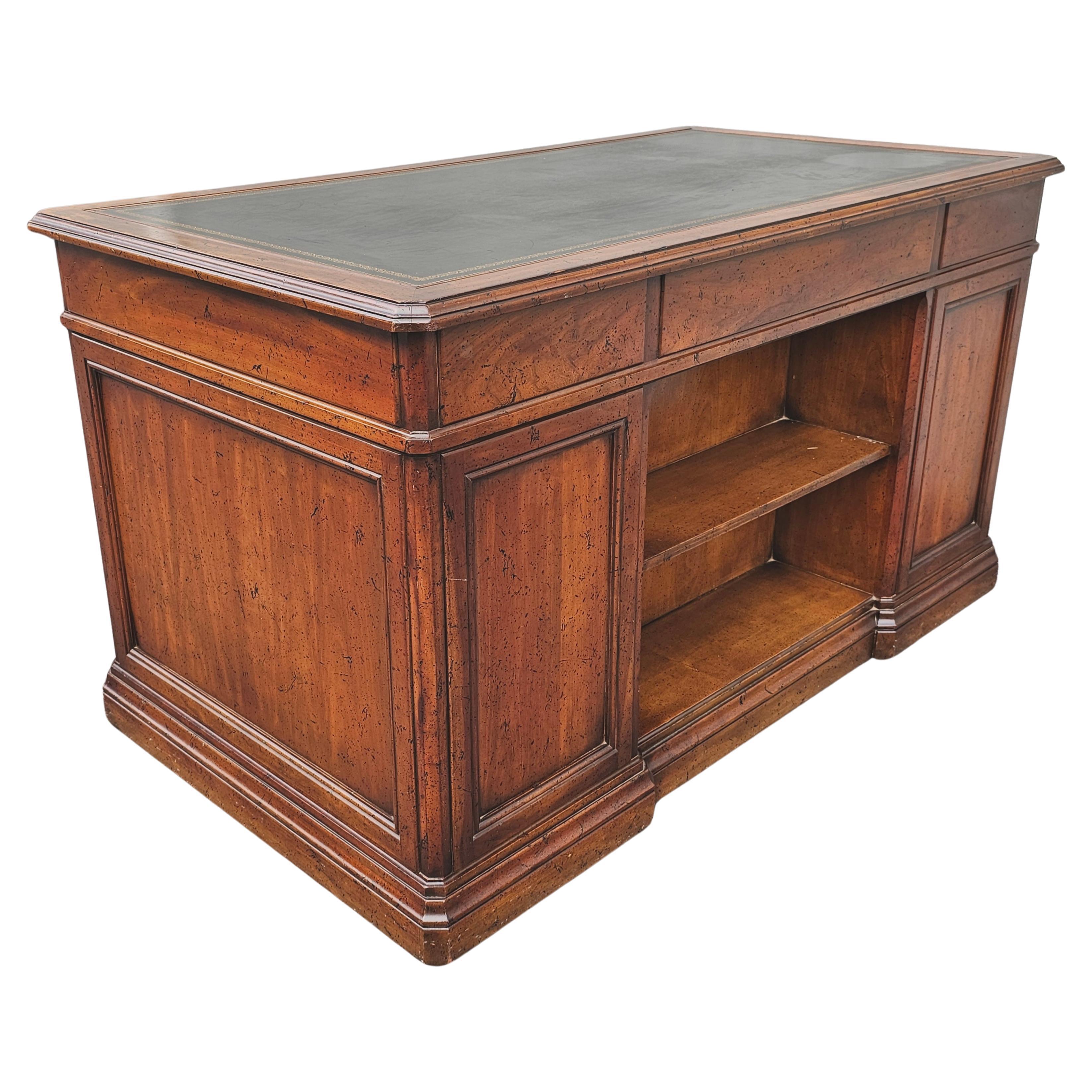 American 1965 Sligh Lowry Distressed Walnut and Tooled Leather Executive Desk Bookcase For Sale