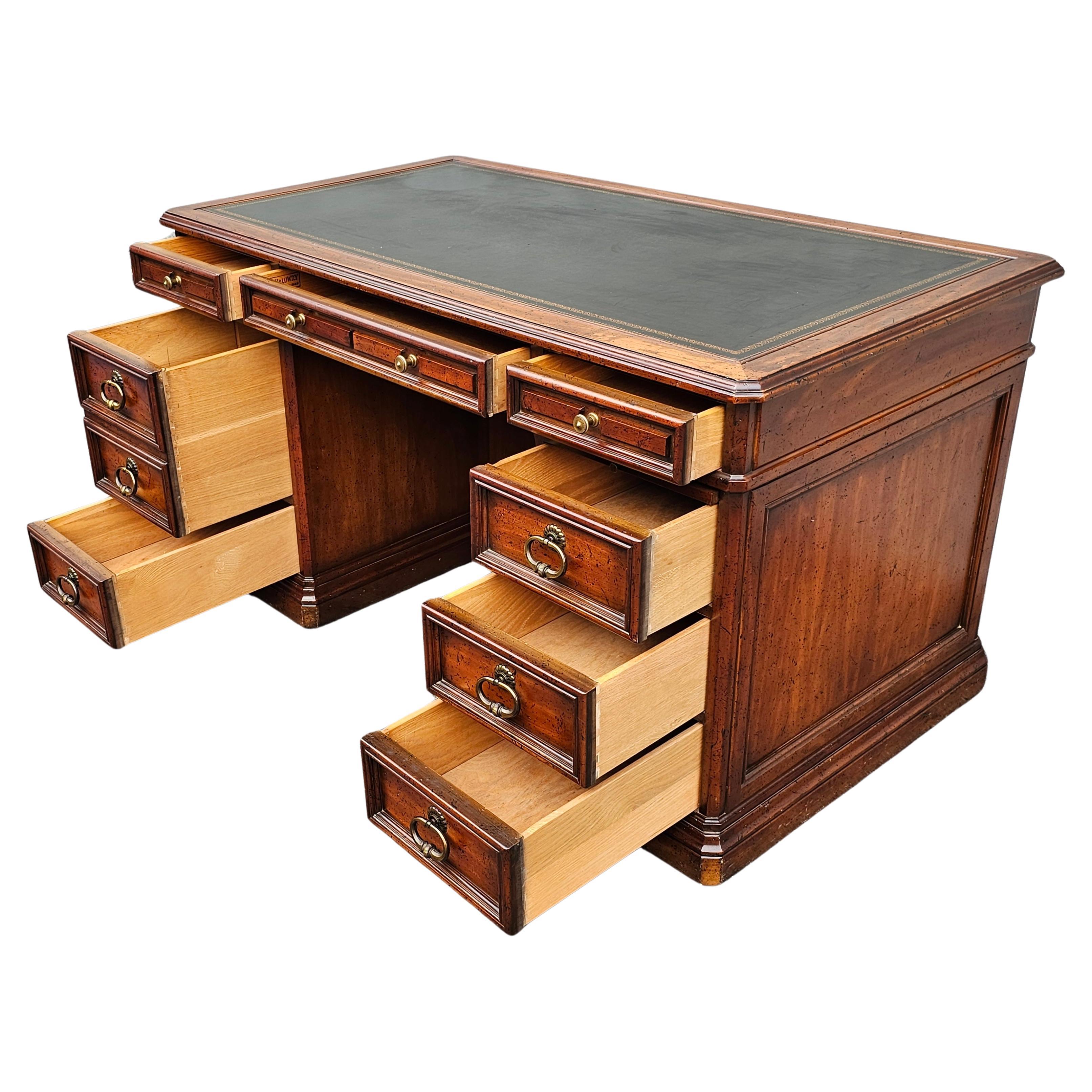 Other 1965 Sligh Lowry Distressed Walnut and Tooled Leather Executive Desk Bookcase For Sale