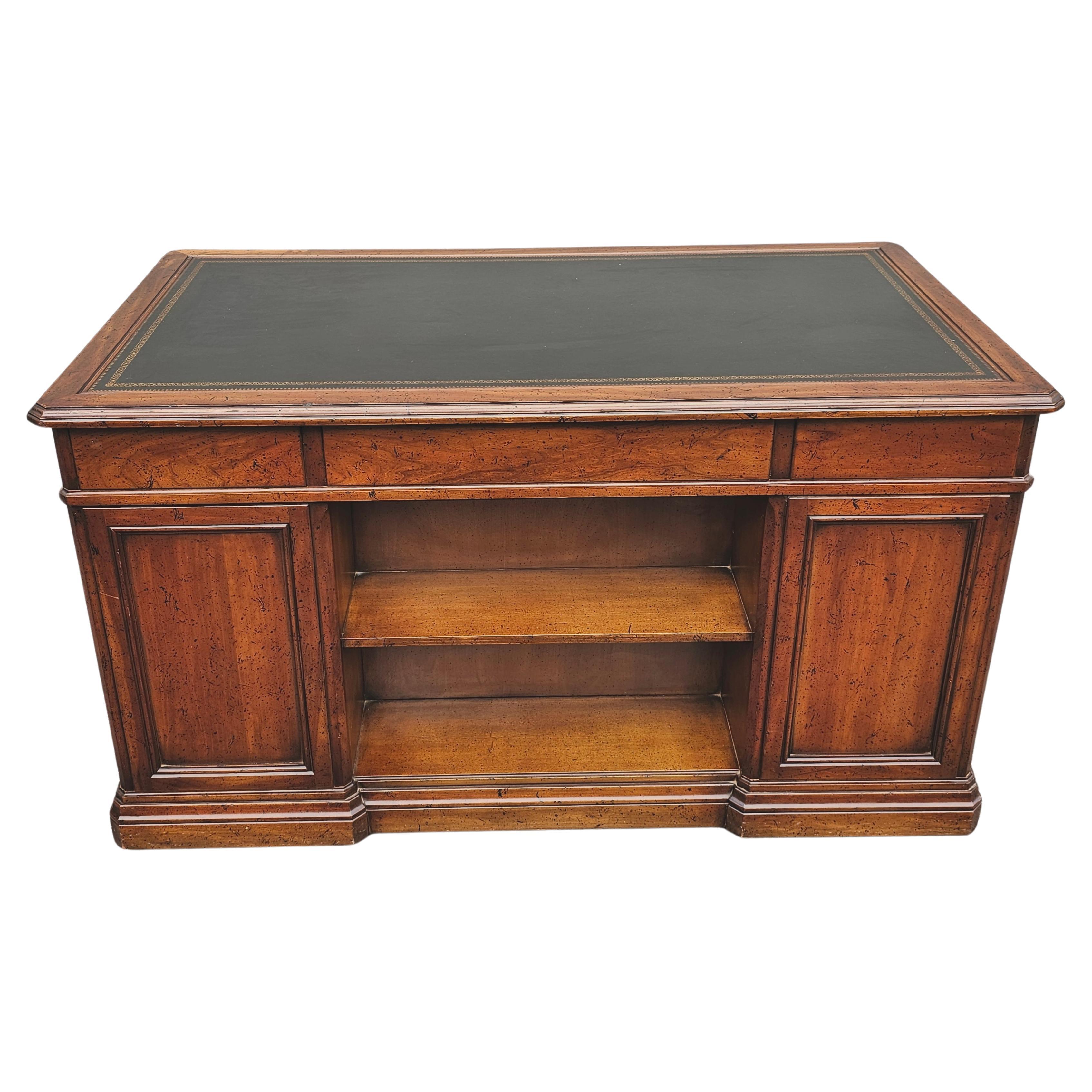 1965 Sligh Lowry Distressed Walnut and Tooled Leather Executive Desk Bookcase In Good Condition For Sale In Germantown, MD