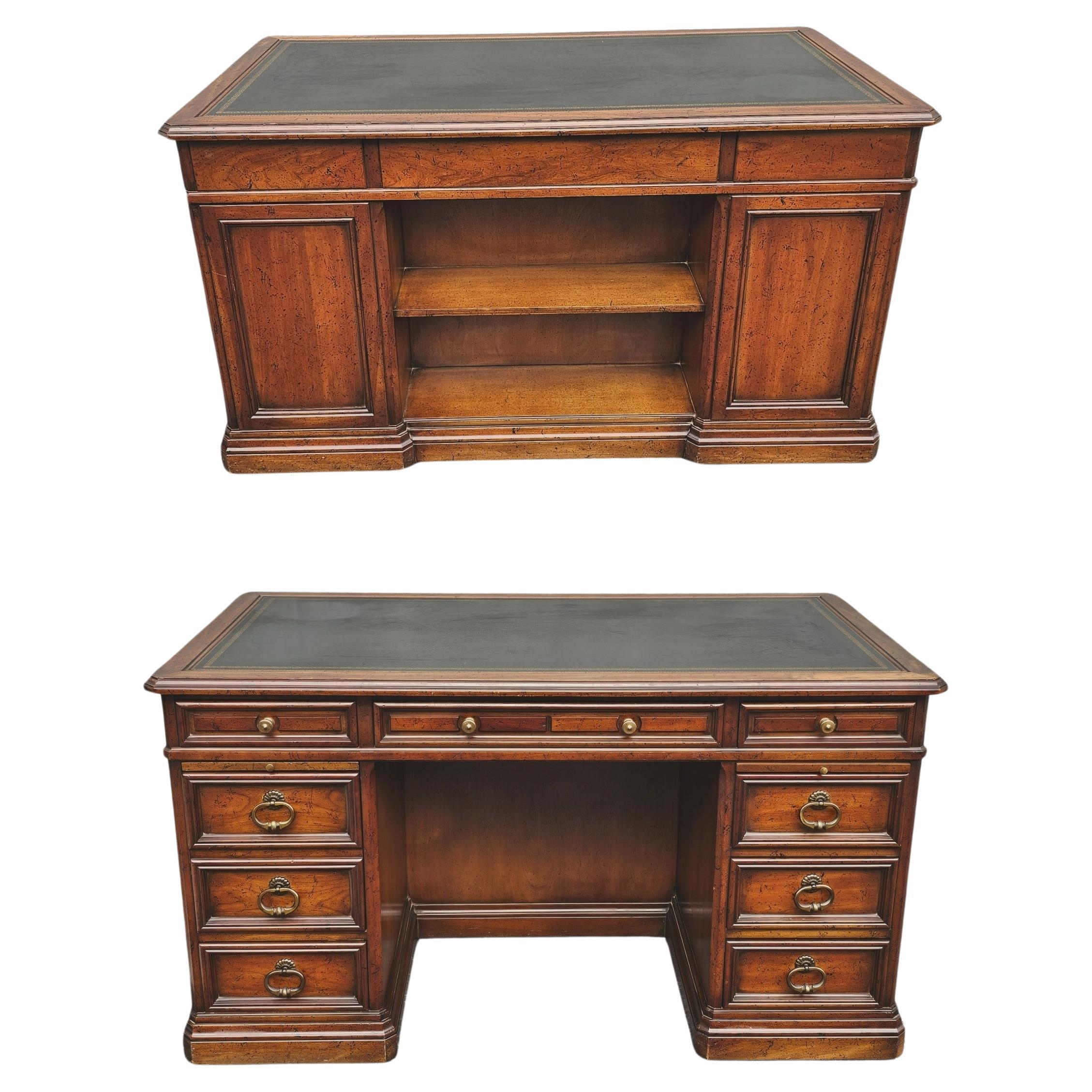 1965 Sligh Lowry Distressed Walnut and Tooled Leather Executive Desk Bookcase For Sale