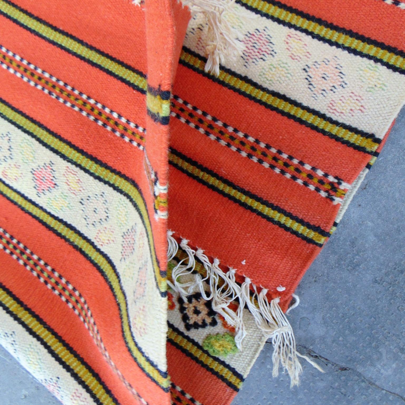 1965 Two Berber Kilim Handwoven Rugs Wool Orange Green White Black, Morocco 10
