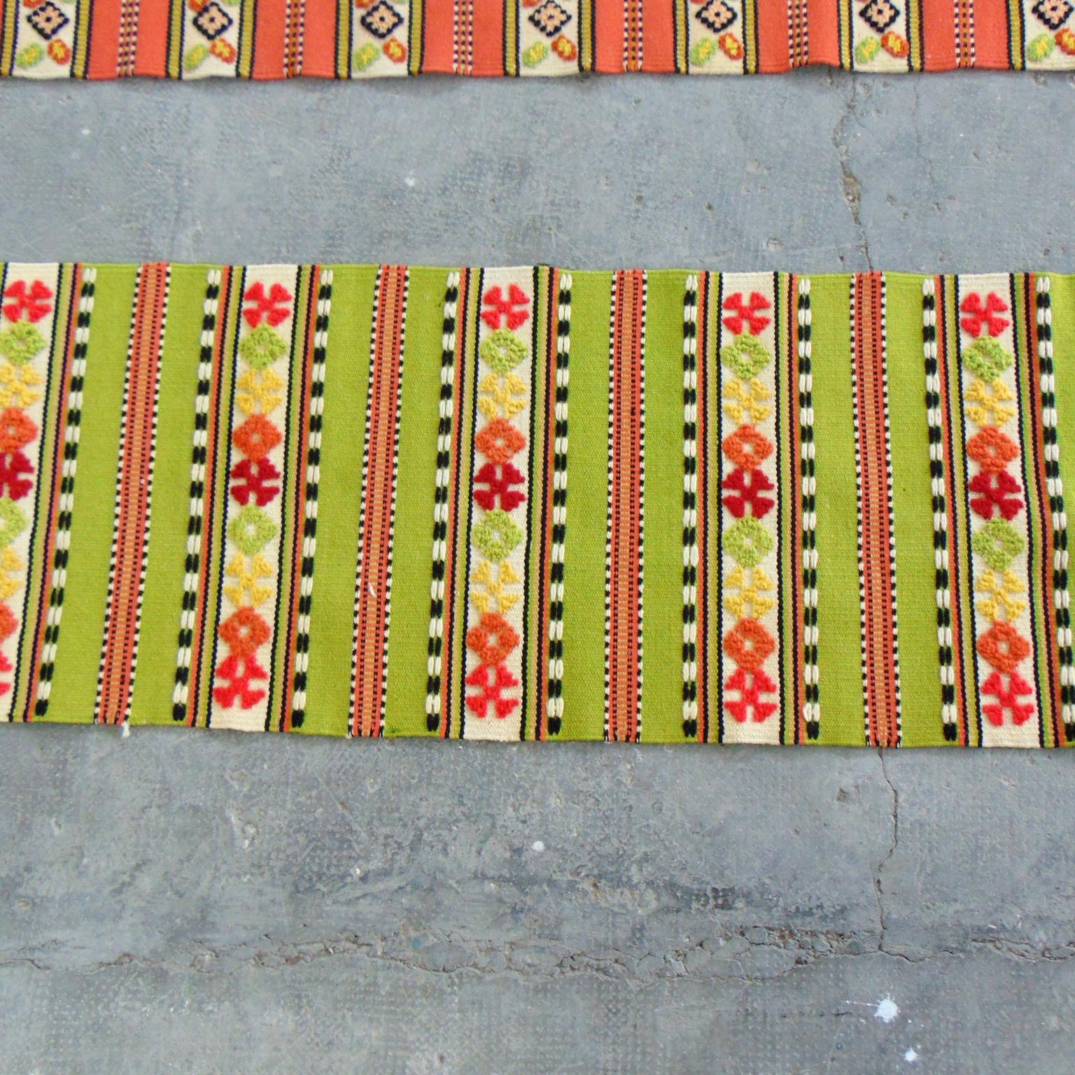 Hand-Woven 1965 Two Berber Kilim Handwoven Rugs Wool Orange Green White Black, Morocco