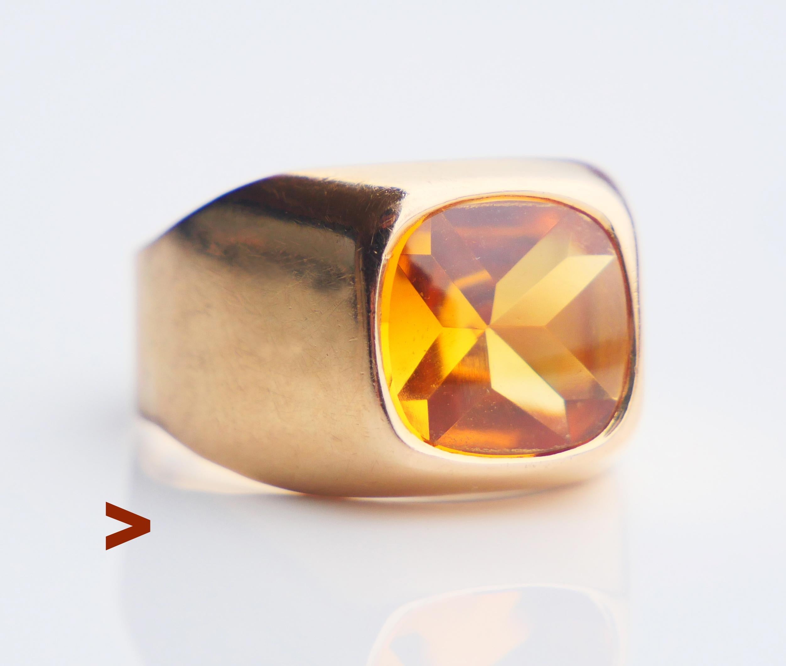Ring for Men or Women adorned with bezel set natura  Topaz stone, a bit convex shaped with polished face and intricately faceted open back side measuring 10 mm x 10 mm x 4.75 mm / ca.6ct. Topaz is Orange - Yellow, it may look differently under