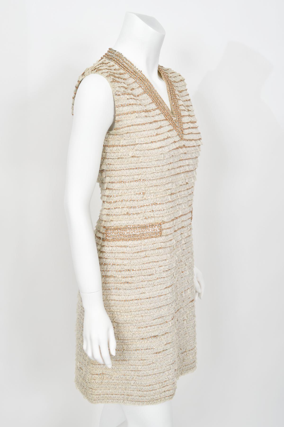 1965 Valentino Haute Couture Museum-Held Beaded Lamé Ivory Lace Mod Shift Dress For Sale 4