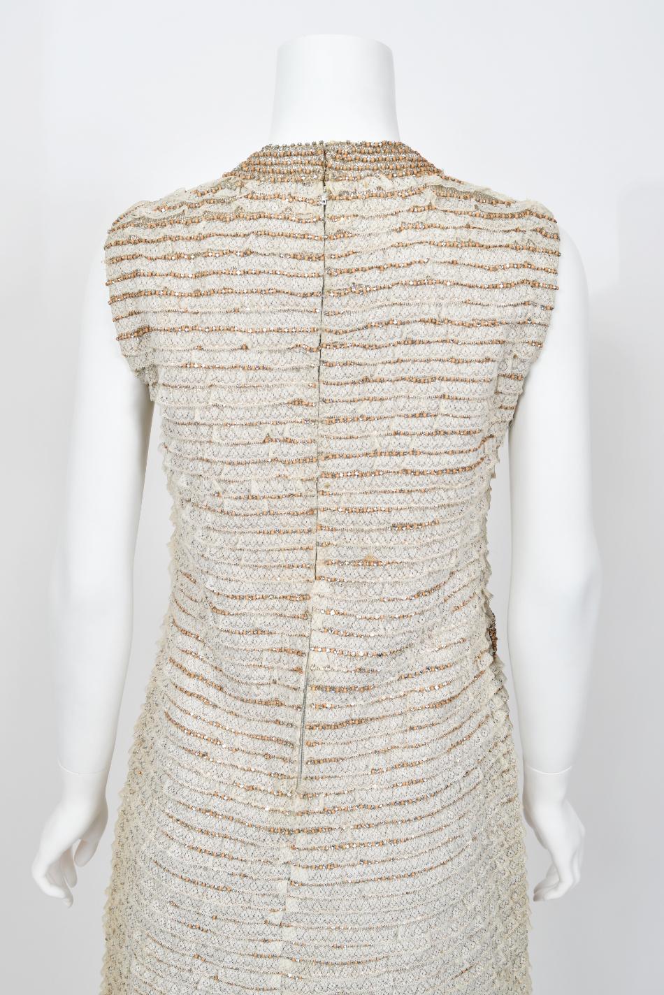 1965 Valentino Haute Couture Museum-Held Beaded Lamé Ivory Lace Mod Shift Dress For Sale 7