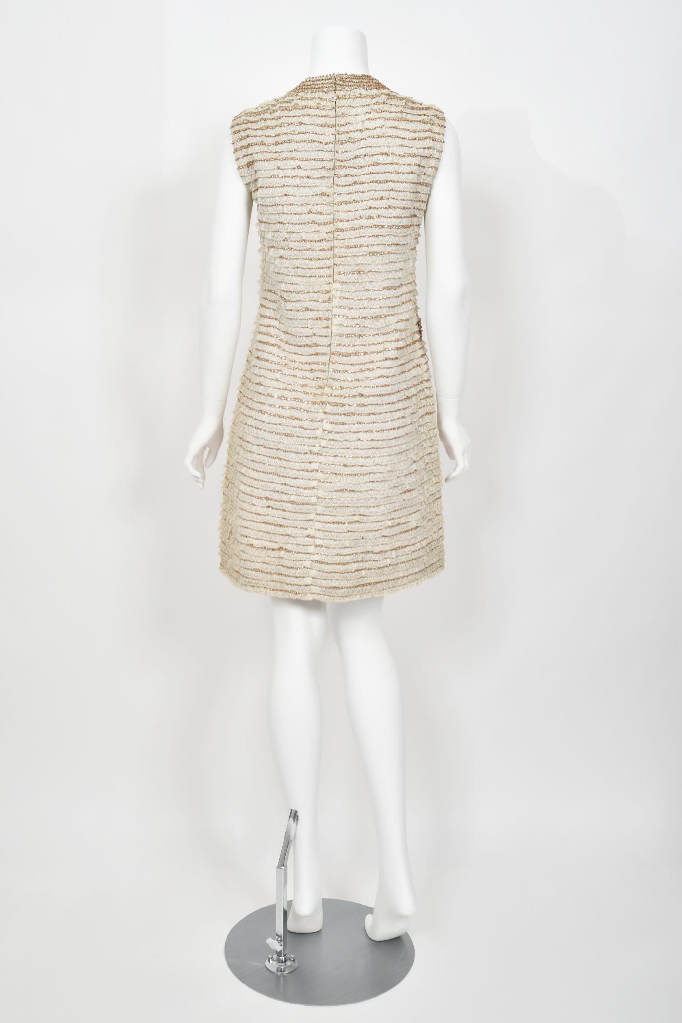 1965 Valentino Haute Couture Museum-Held Beaded Lamé Ivory Lace Mod Shift Dress For Sale 6
