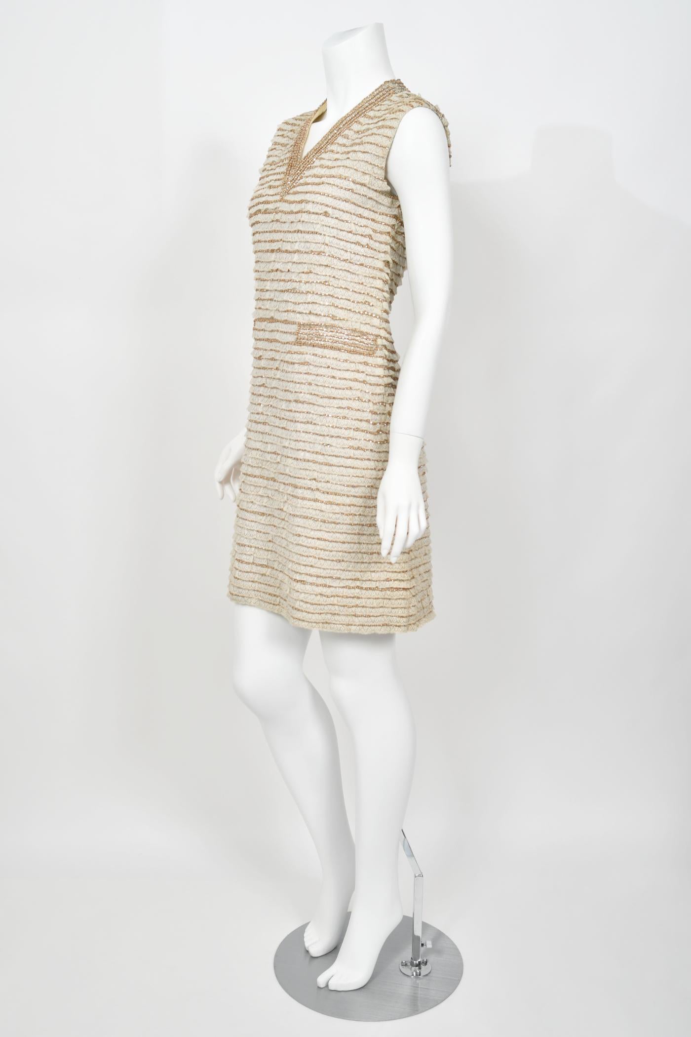 Women's 1965 Valentino Haute Couture Museum-Held Beaded Lamé Ivory Lace Mod Shift Dress For Sale