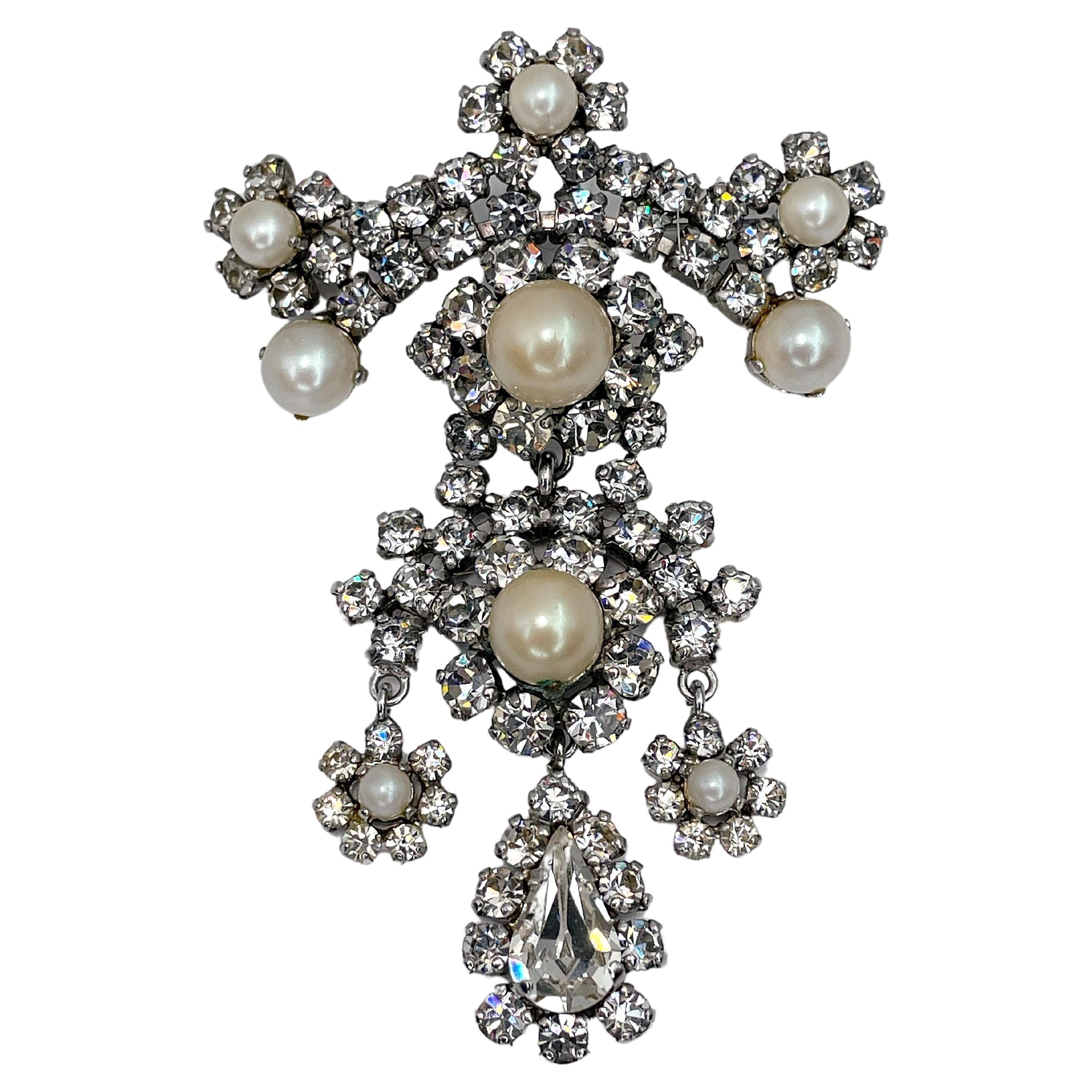 1965 Vintage Christian Dior Silver Tone Rhinestone Pearl Chandelier Pin. Brooch