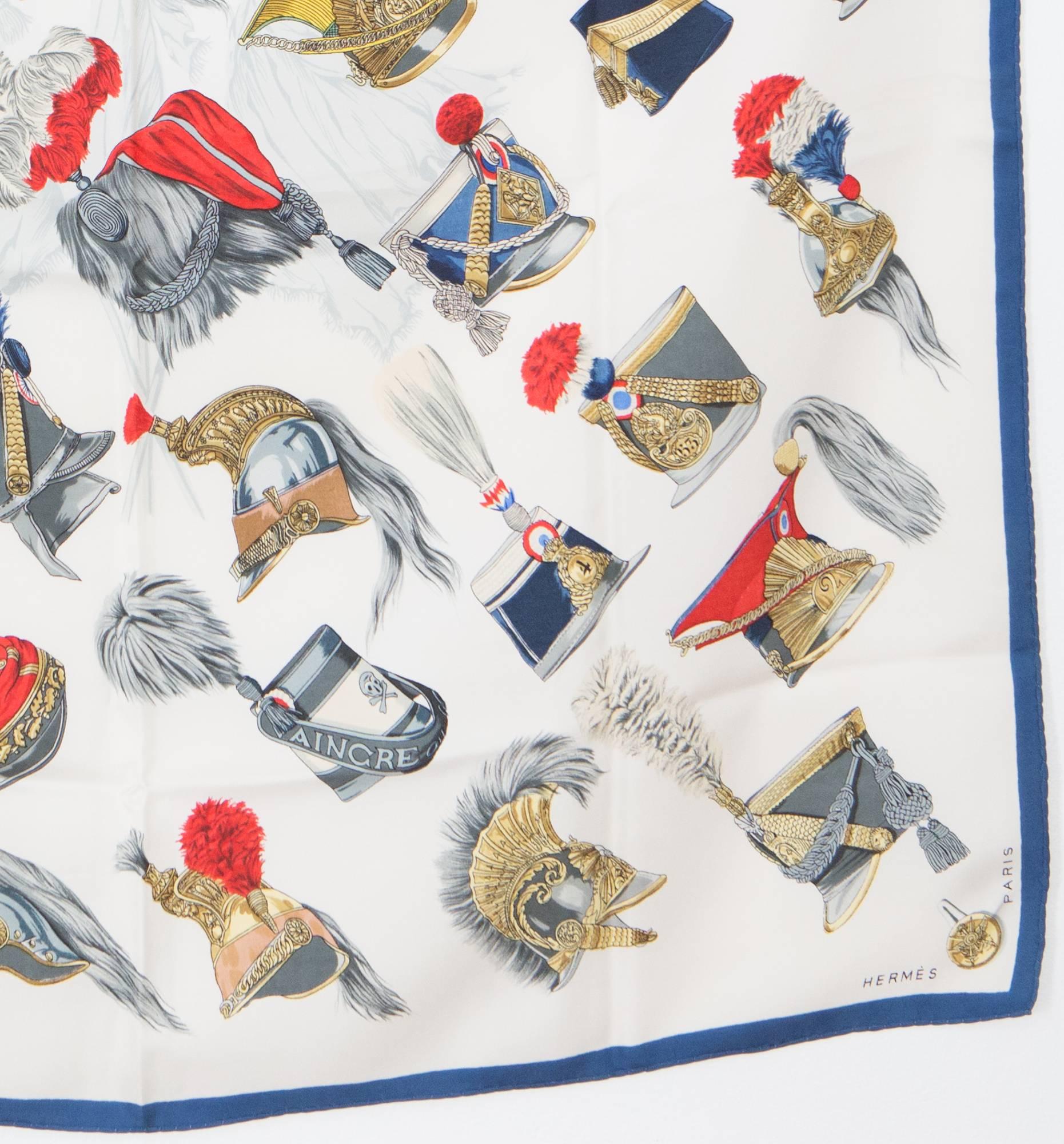 1956 Rare Hermes Casques et Coiffures Militaires by Francoise Heron Silk Scarf In Good Condition In Paris, FR