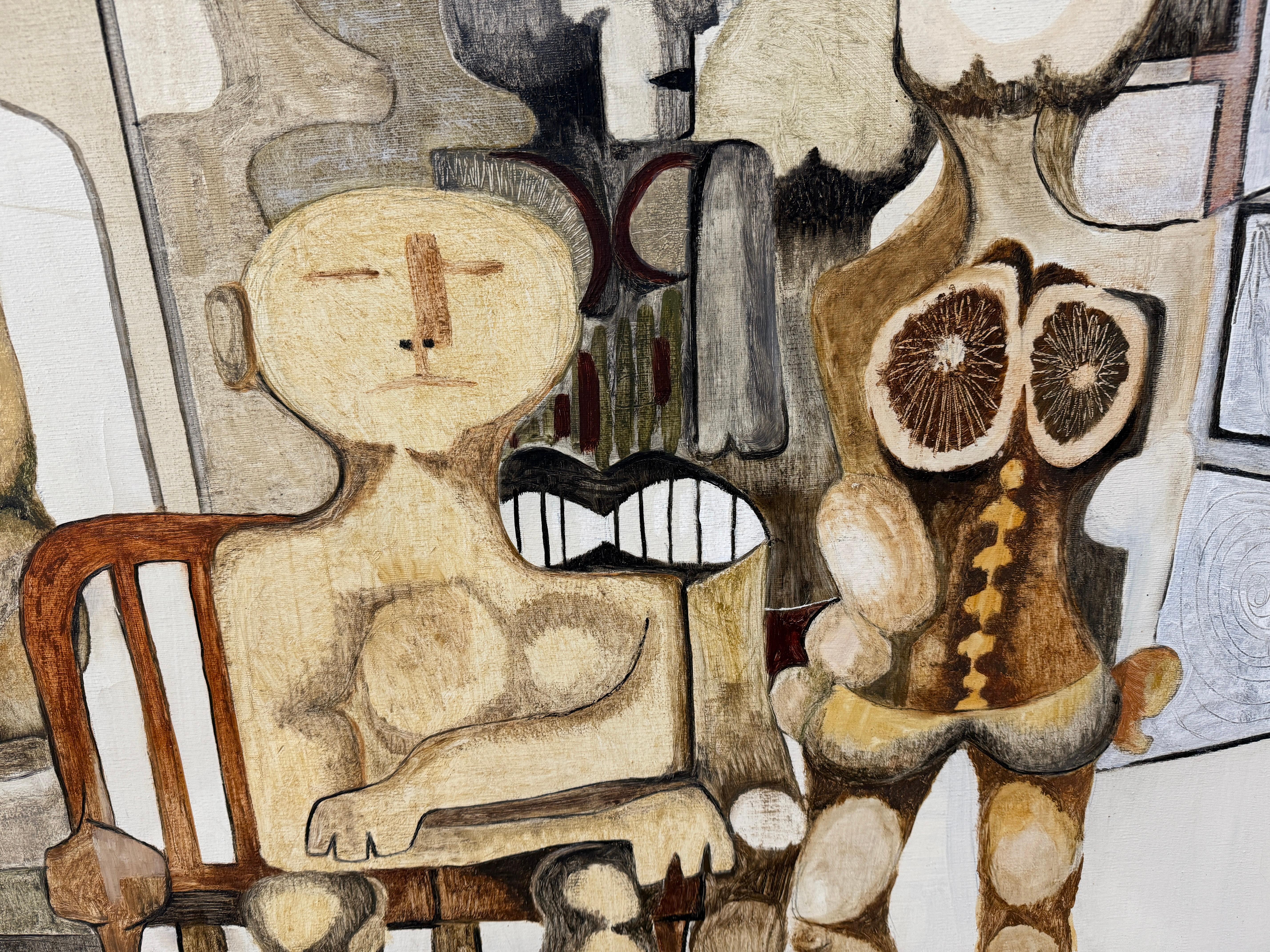 A wonderful figurative abstract dated 1966 by the noted New York illustrator Joseph Tesar. The painting is framed. The painting is signed lower right and dated 1966. 
The painting is in good condition. The frame has some losses particularly on the